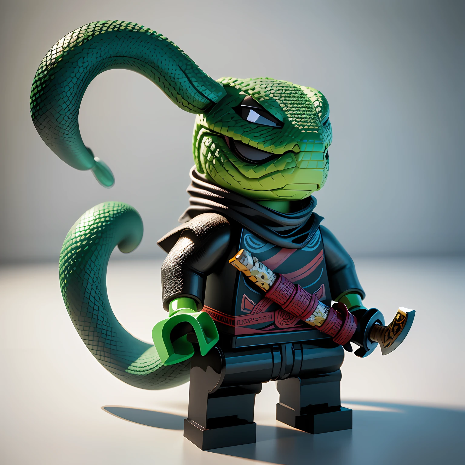 Lego snake on white background, snake, Snake Snake Snake, Lego Characters, Rendering in Cinema 4 D, Render with Cinema4D, Styling with 3D rendering, Rendering with octane rendering, Octane rendering in 32K, Samurai serpent holding anthropomorphic sword, Cute snake, cute 3d rendering, inspired by Zhu Da