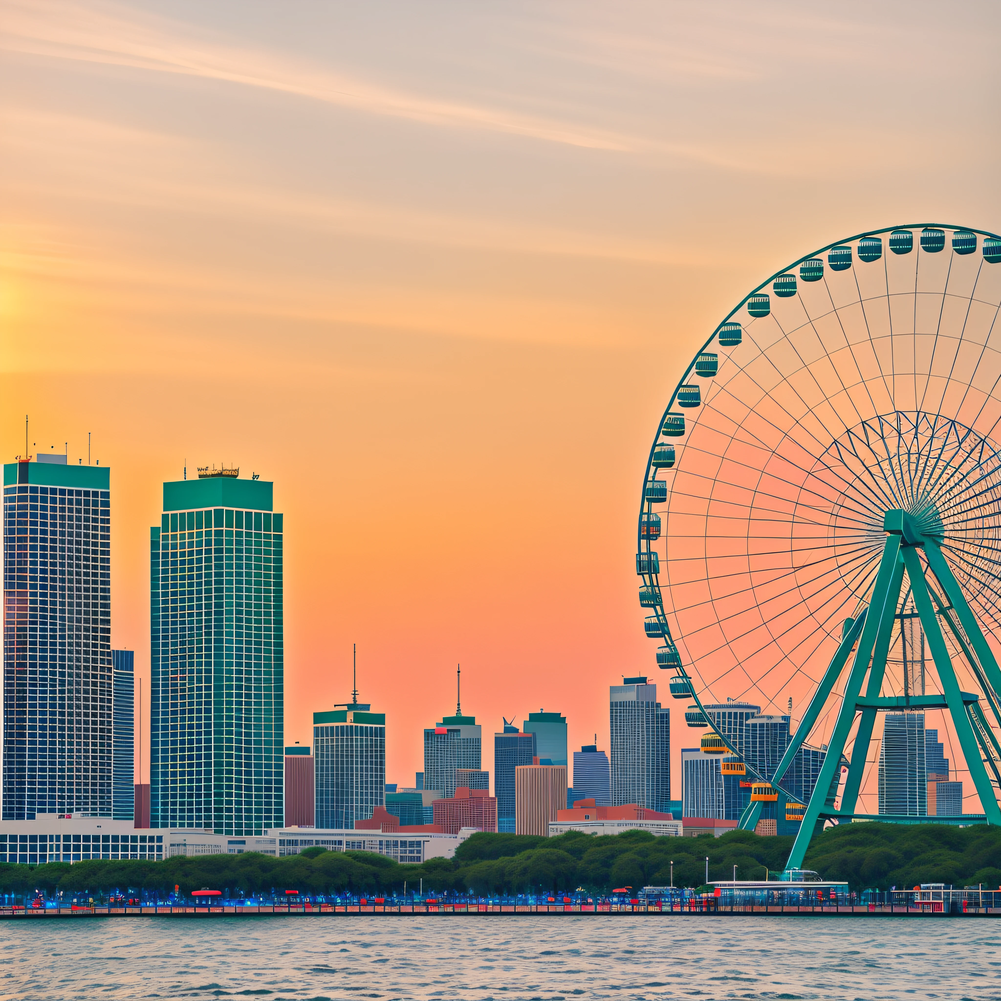 Alates in the water，The background is the Ferris wheel，Prime time has a good effect on shooting styling，The wide-angle lens is a better representation of the entire picture，The author is Jacob Tulumfleett，The skyline outlines a beautiful background，Author Jacob Galmain，Jacob Ethellens，The ultra-wide-angle lens provides a better display of depth of field，The light during sunrise brings a special atmosphere，Winner of the Pex competition，Shot on a Sony A 7 III camera。