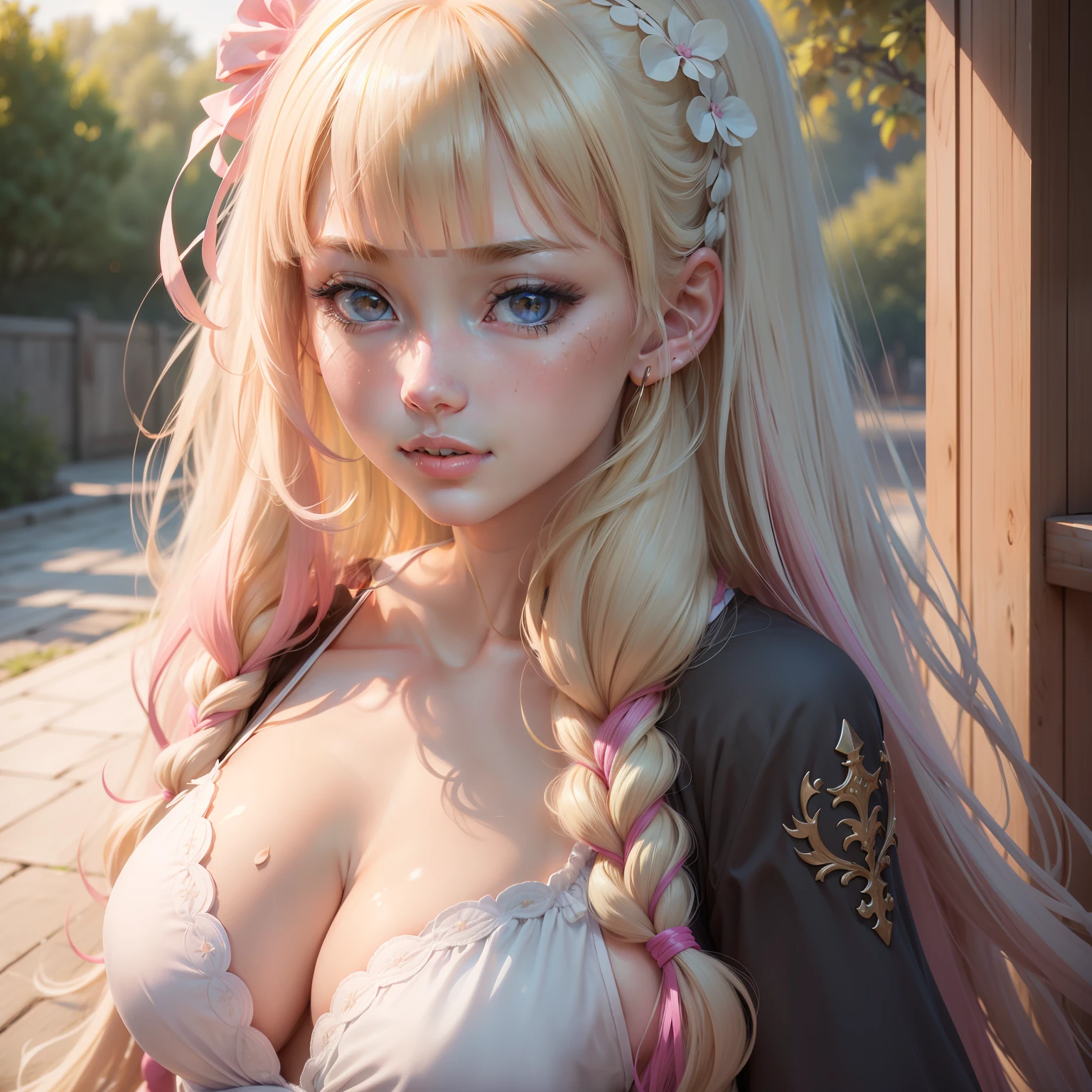 (8K, 4K, Best quality, A high resolution:1.2), (marsterpiece, Realistic, photograph realistic:1.37), 1girll, Solo, Beautiful face, eyeslashes, nase, Glossy lips, (Detailed eyes, view the viewer, Fair skin, White skin:1.5), fine complexion, Upper body,
Large breasts, Busty, , (:1.5),
Outdoor onsen,
two sides up, Absurdly long hair, Blonde hair, Pink hair, bangs, hair adornments, bow,
Younger, aged down,