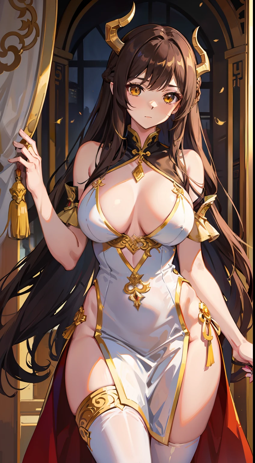 Tall girl, Long brown hair, dragon horns, Yellow eyes, white chinese dress, Gold inserts, open thighs, neckline on the chest, Masterpiece, hiquality