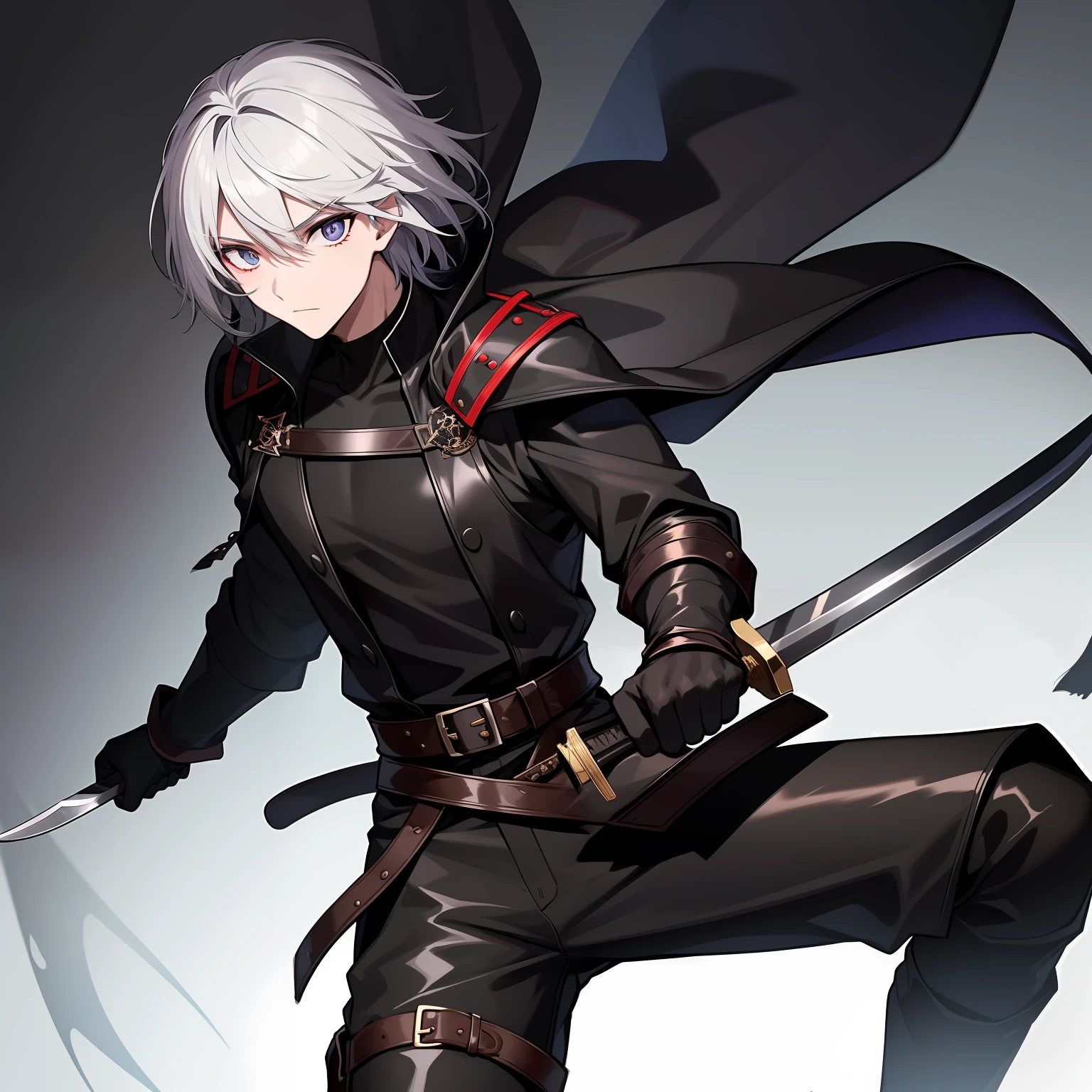 Black tunic,white under lingerie,A man,There is a scar in the frontal corner,A long black knife was inserted into his waist,Red longsword,householder,pupils,college aged,Gray eye,Swordsman,Black leather boots,城市。