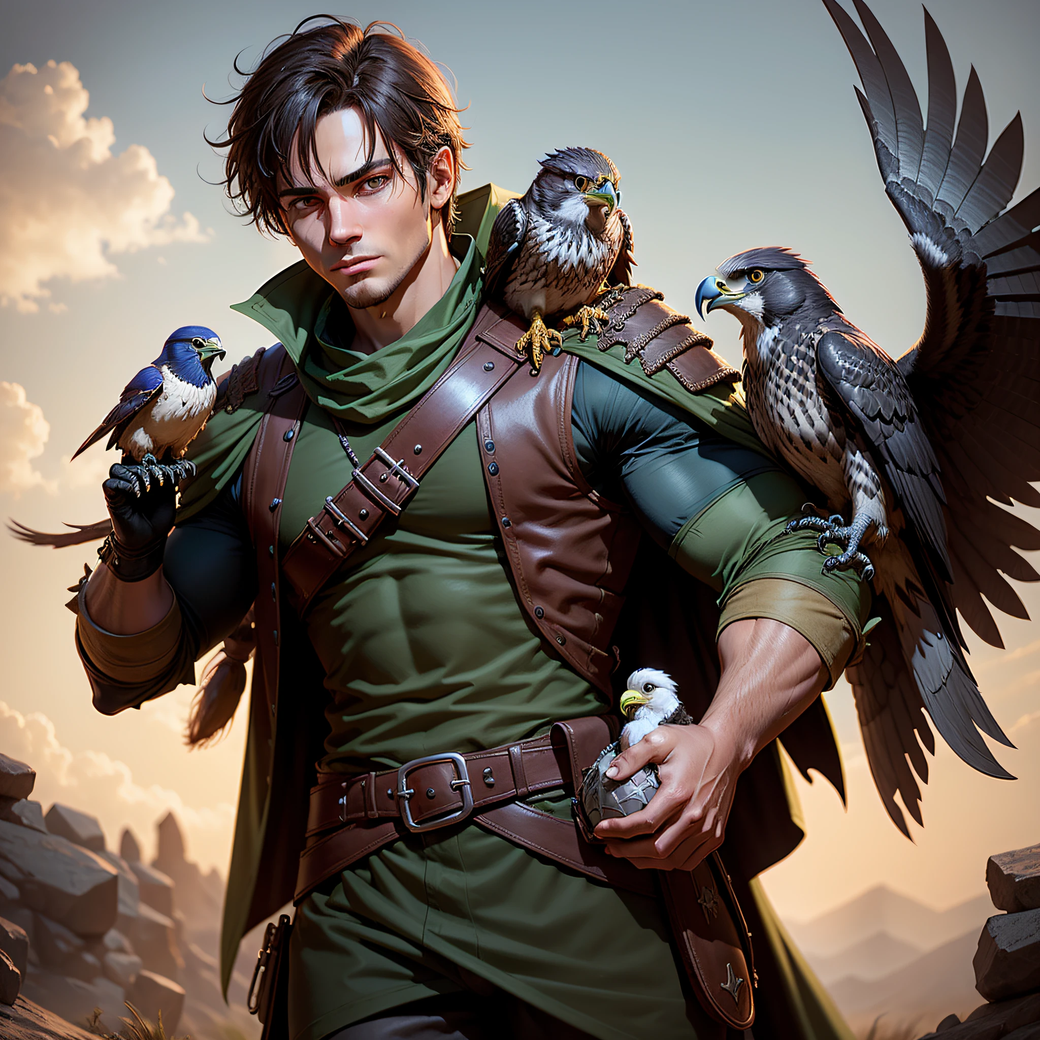 dnd, ranger, dude, falcon pet on shoulders, dark clothes, rpg