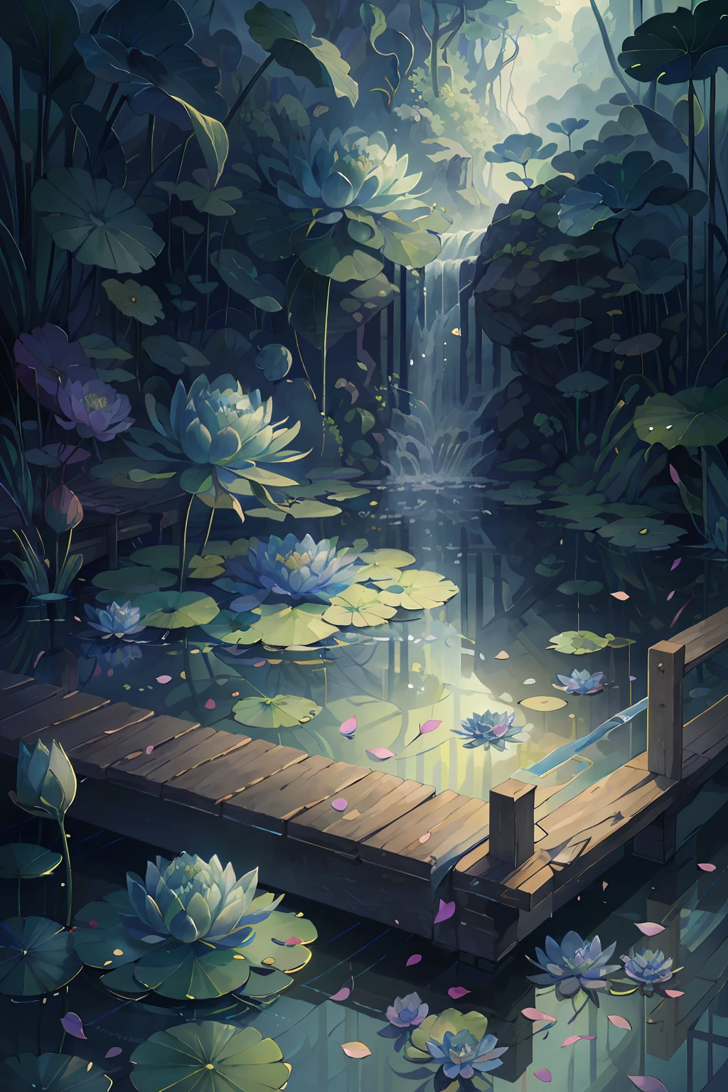 Original，（illustratio：1.1），（best qualtiy），（tmasterpiece：1.1），（the Extremely Detailed CG Unity 8K Wallpapers），（a color：1.2），water lilies，Water lily petals，scenecy，rios|Wagas，