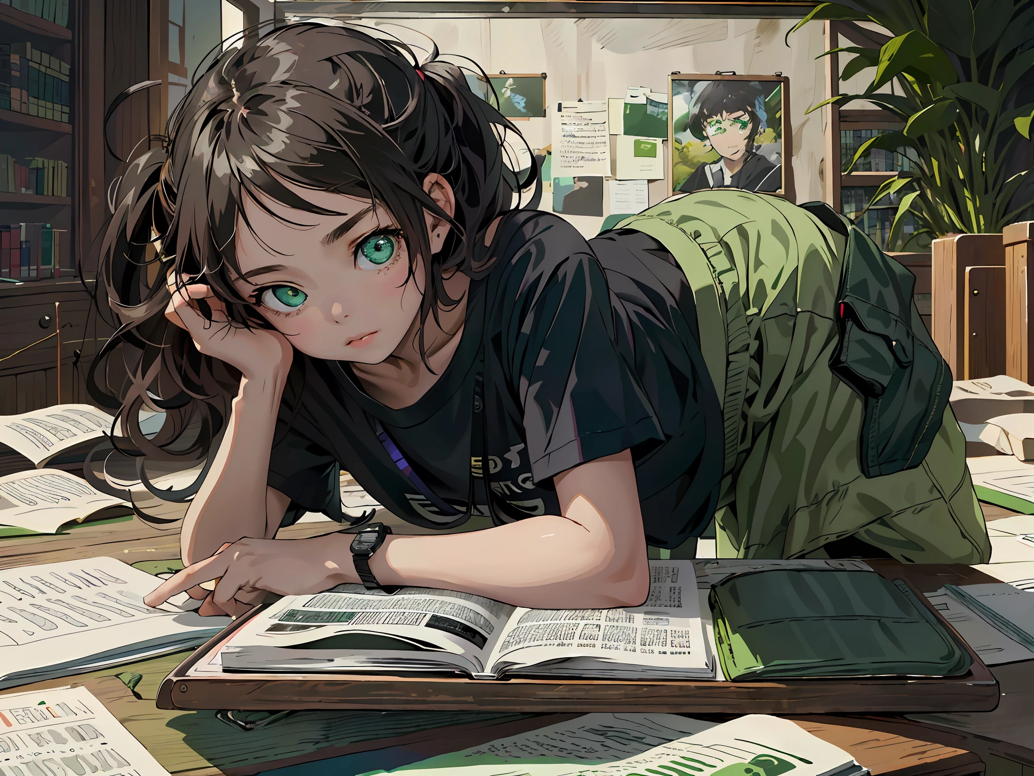 ((1girl,solo))absurdres, highres, ultra detailed, (1girl:1.3), (disheveled hair,beautiful detailed eyes,shiny oily skin:1.1),(green eyes)
 study room
Quiet music is playing in a dark room
various writing tools and electronic devices
Wearing shorts and a t-shirt
The girl is lying in bed and sleeping