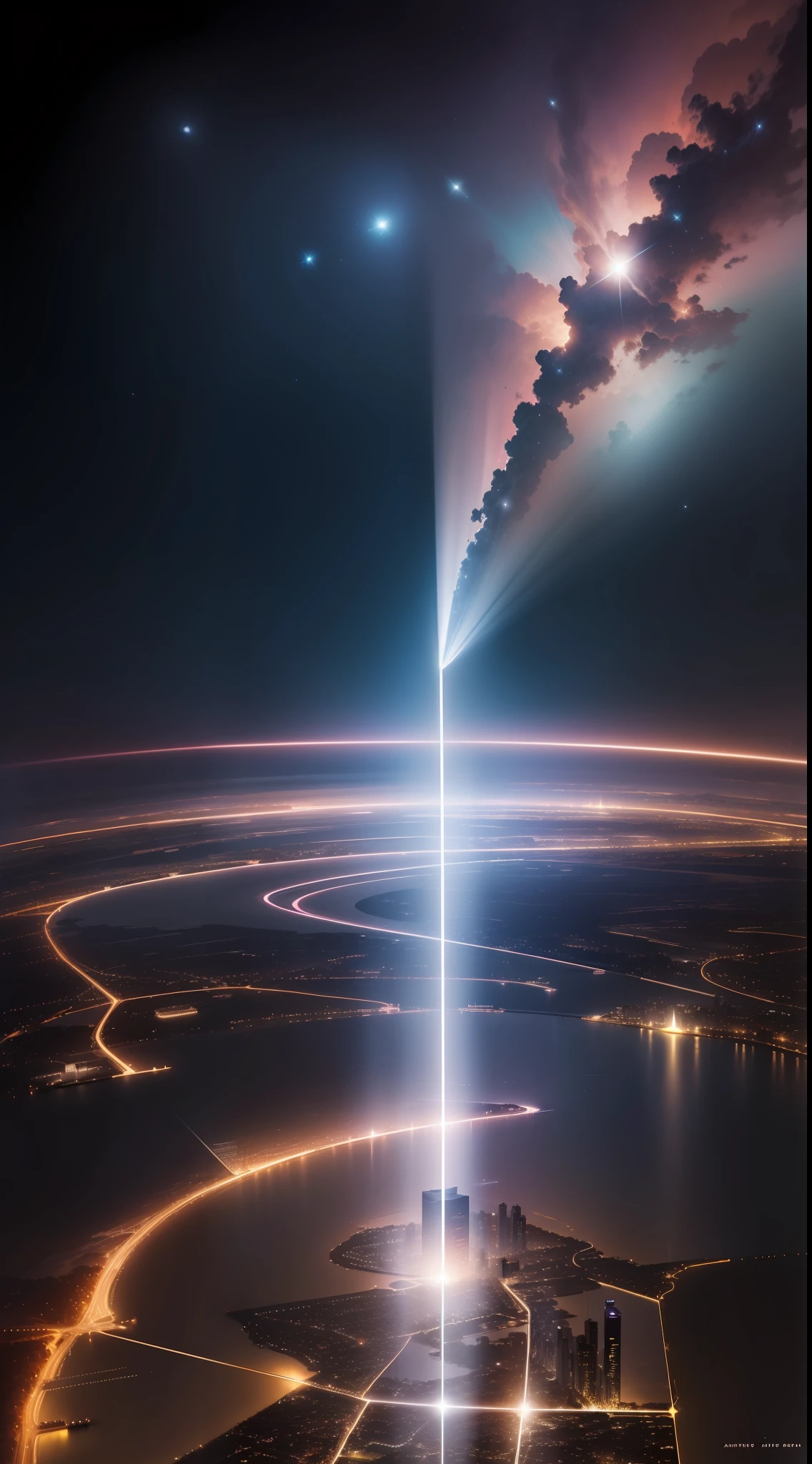 Uma janela de vidro transparente, overlooking the sky, milhares de estrelas, cidade grande, tall buildings, luzes, rosa gigante neon,