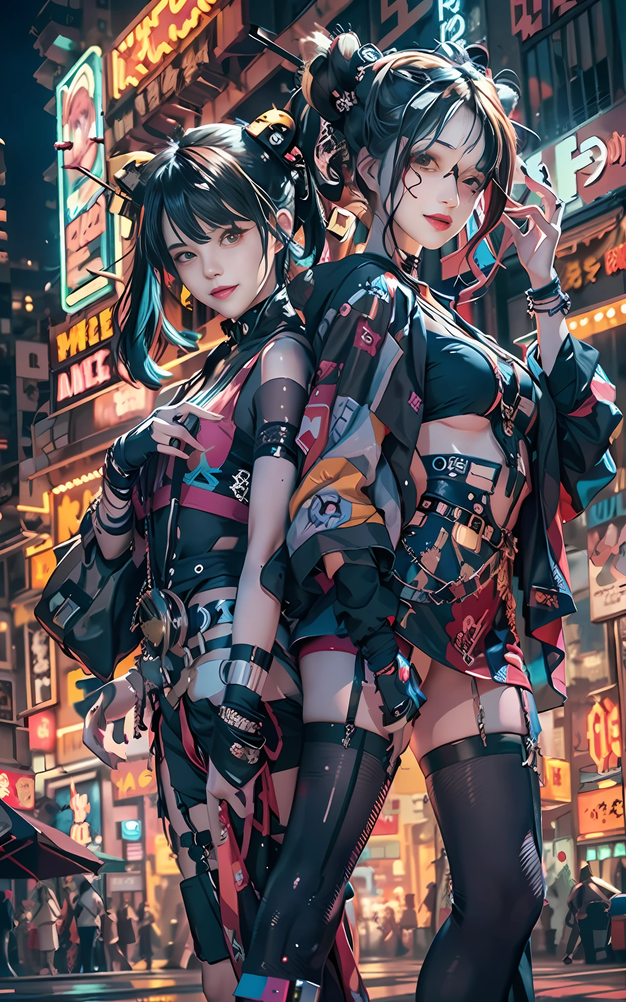 masterpiece, best quality, 2 ((smiling)) cyberpunk girls standing together, Harajuku-inspired cyberpunk body harness, bold colors and patterns, eye-catching accessories, trendy and innovative hairstyle, dazzling Cyberpunk cityscape, skyscrapers, neon signs, LED lights, bright and vivid color scheme, anime, illustration, detailed skin texture, detailed cloth texture, beautiful detailed face, intricate details, ultra detailed, cinematic lighting, dark shadows.