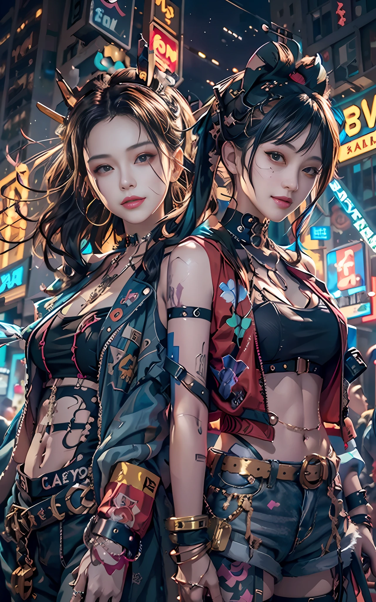 masterpiece, best quality, 2 ((smiling)) cyberpunk girls standing together, Harajuku-inspired cyberpunk body harness, bold colors and patterns, eye-catching accessories, trendy and innovative hairstyle, dazzling Cyberpunk cityscape, skyscrapers, neon signs, LED lights, bright and vivid color scheme, anime, illustration, detailed skin texture, detailed cloth texture, beautiful detailed face, intricate details, ultra detailed, cinematic lighting, dark shadows.