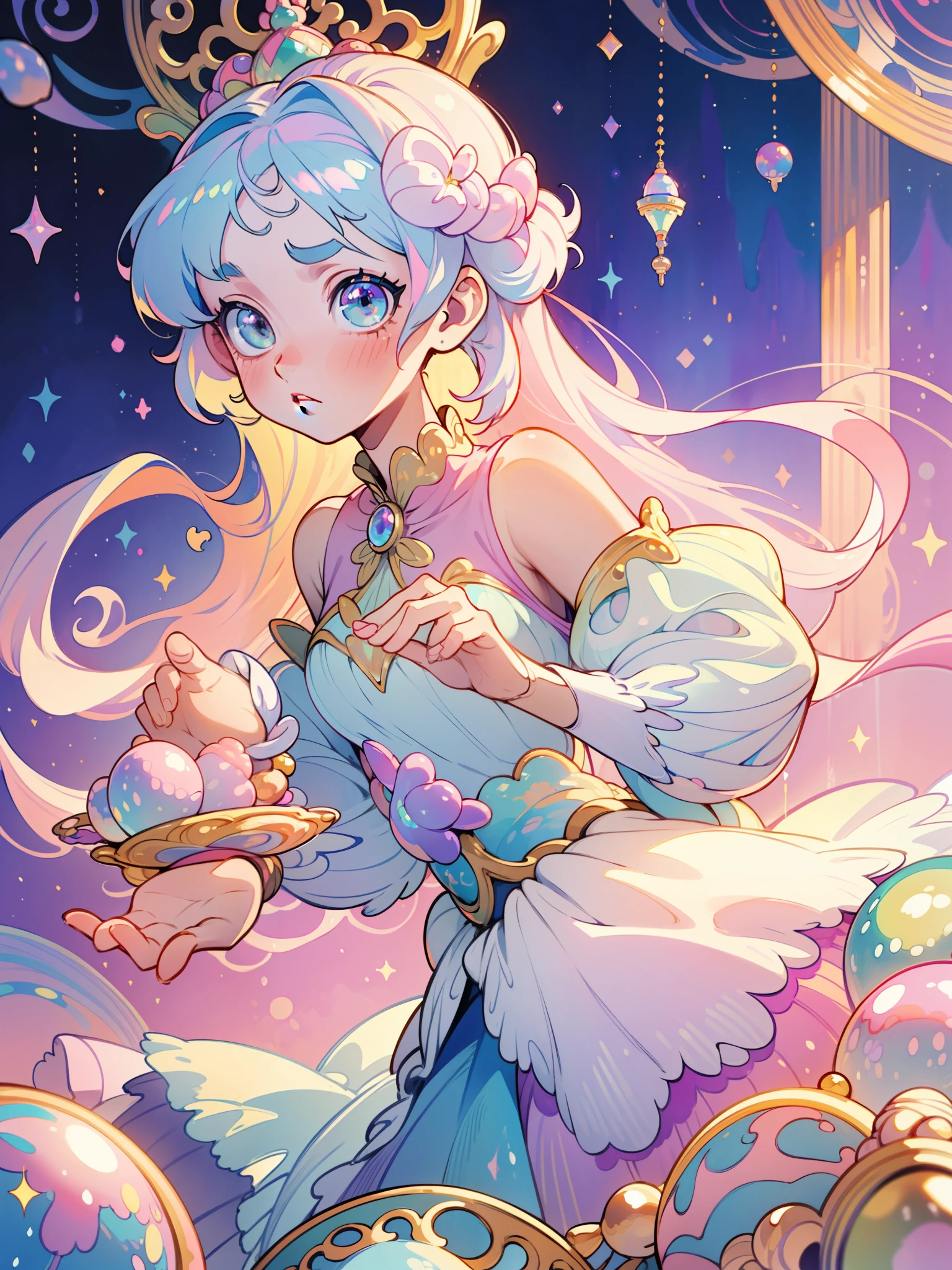 masterpiece, best quality, 8k resolution, sharp focus, intricate detail, beautiful girl, sparkling eyes, golden ratio face, otherworldly liquid, watercolor, ((pastel colors)), bright colors, whimsical, colorful, sharp focus, high resolution, fine detail, princess fantasy ballgown, ((round eyes)), iridescent bubbles, castle landscape in background