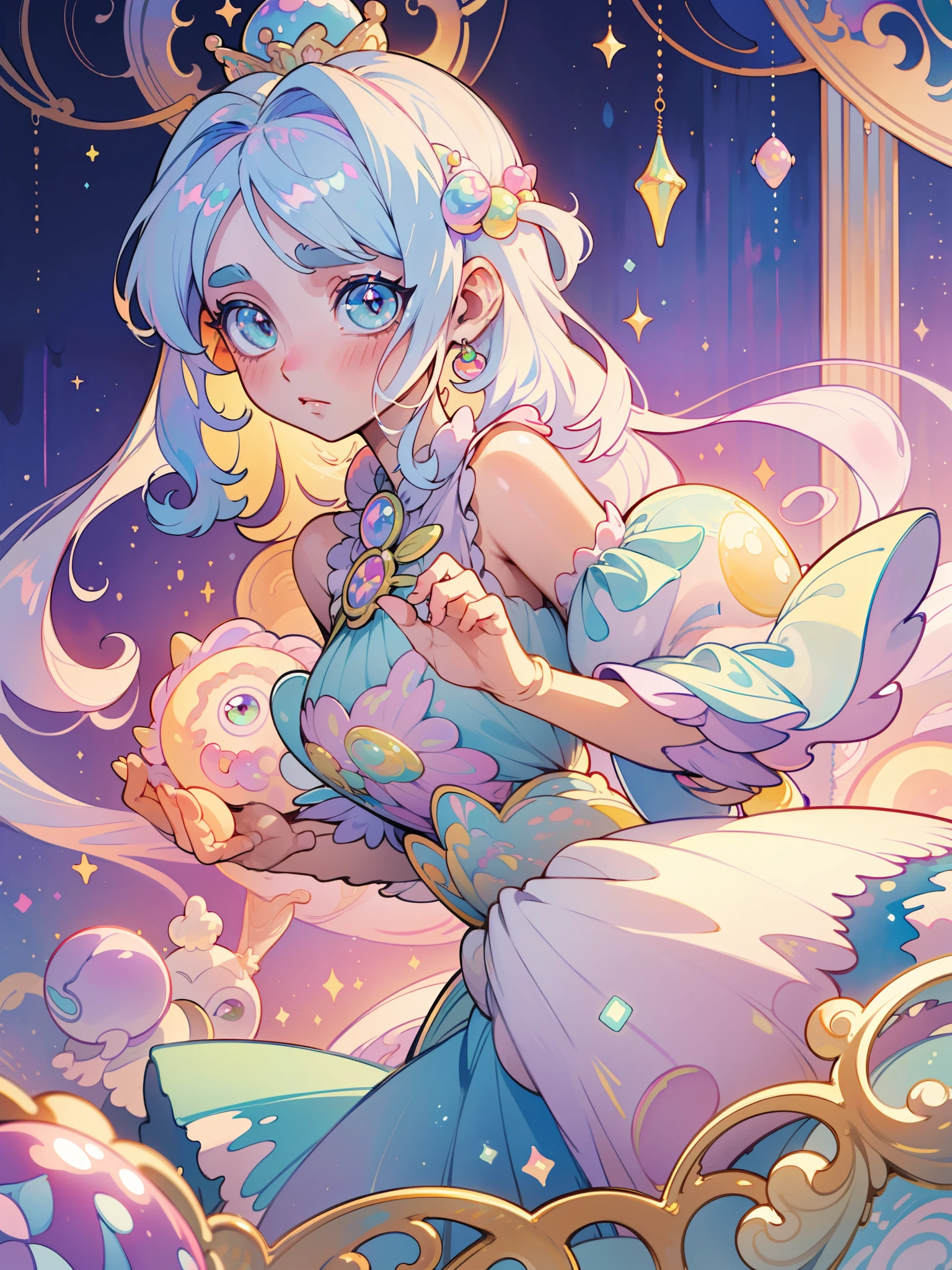 masterpiece, best quality, 8k resolution, sharp focus, intricate detail, beautiful girl, sparkling eyes, golden ratio face, otherworldly liquid, watercolor, ((pastel colors)), bright colors, whimsical, colorful, sharp focus, high resolution, fine detail, princess fantasy ballgown, ((round eyes)), iridescent bubbles, castle landscape in background