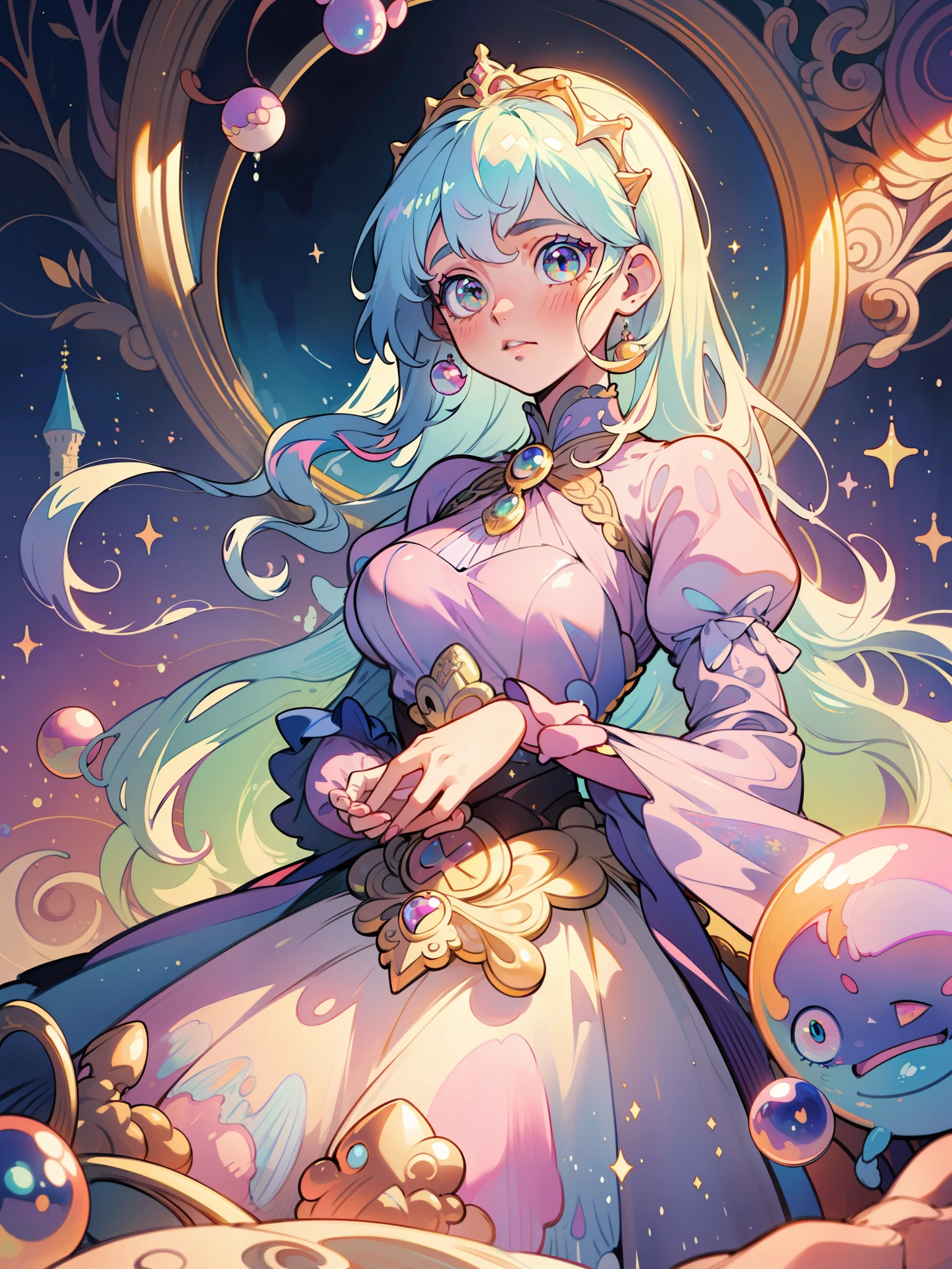 masterpiece, best quality, 8k resolution, sharp focus, intricate detail, beautiful girl, sparkling eyes, golden ratio face, otherworldly liquid, watercolor, ((pastel colors)), bright colors, whimsical, colorful, sharp focus, high resolution, fine detail, princess fantasy ballgown, ((round eyes)), iridescent bubbles, castle landscape in background