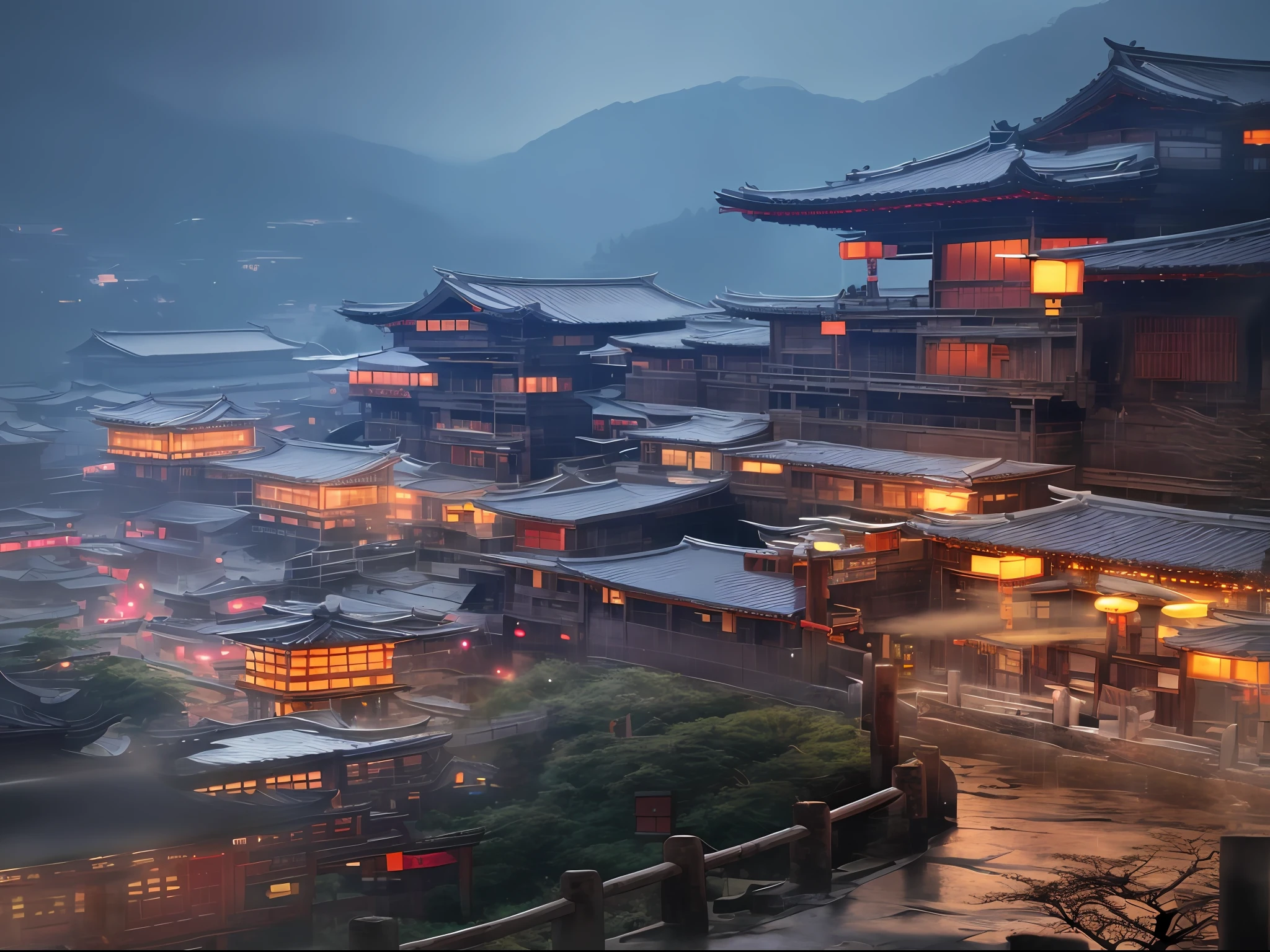 arafed view of a village with a lot of lights on the buildings, dreamy chinese town, chinese village, amazing wallpaper, japanese town, japanese village, hyper realistic photo of a town, old asian village, japanese city, by Raymond Han, rainy evening, cyberpunk chinese ancient castle, beautifully lit buildings, at evening during rain, beautiful and aesthetic, photography, cinematic, 8k, high detailed ((Heavy rain)))