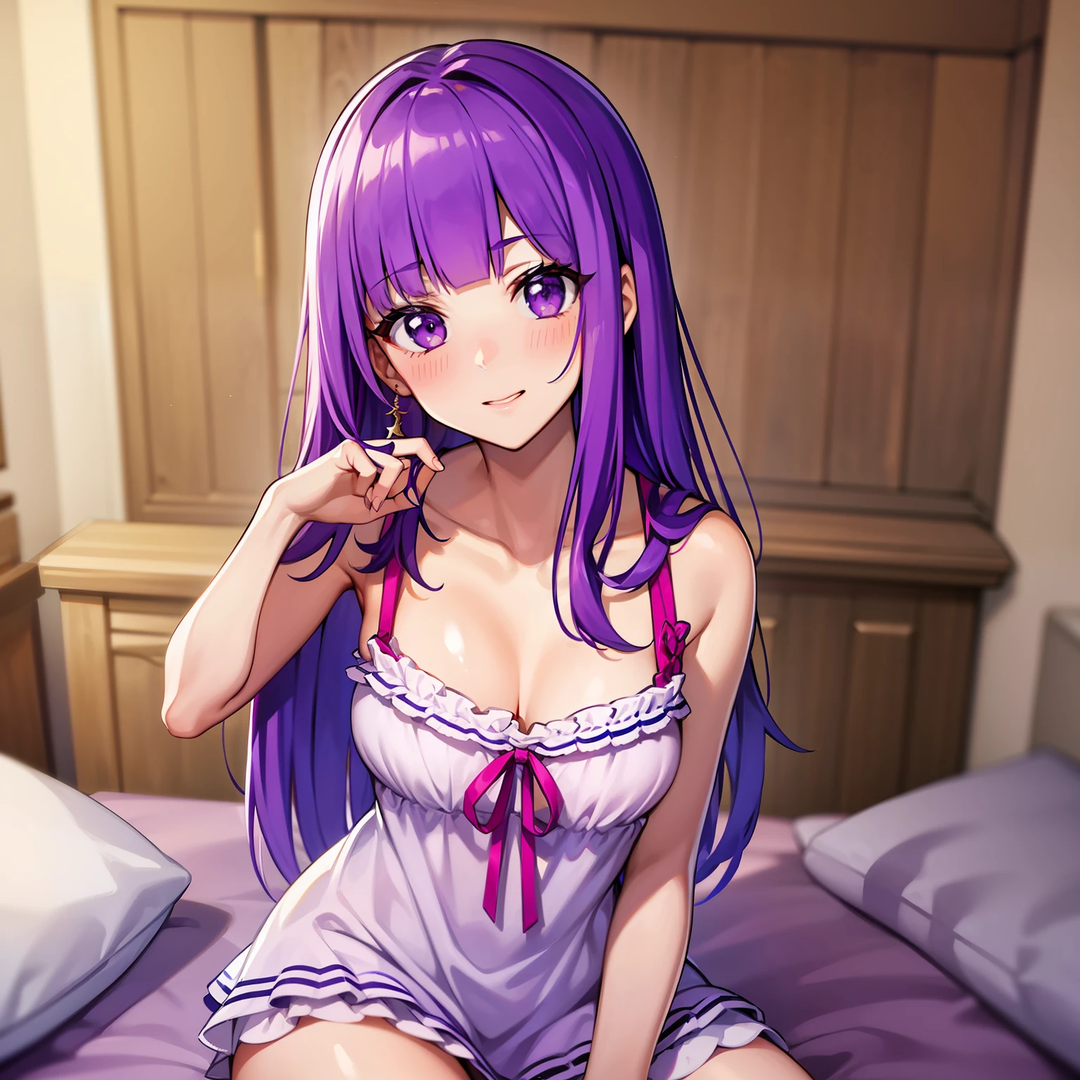 Sleepwear, 1 girl, 8k, High Quality, looking at viewer, medium bust, chest length hair, purple hair, blushing, embarrassed, sitting in bed, sexy pose