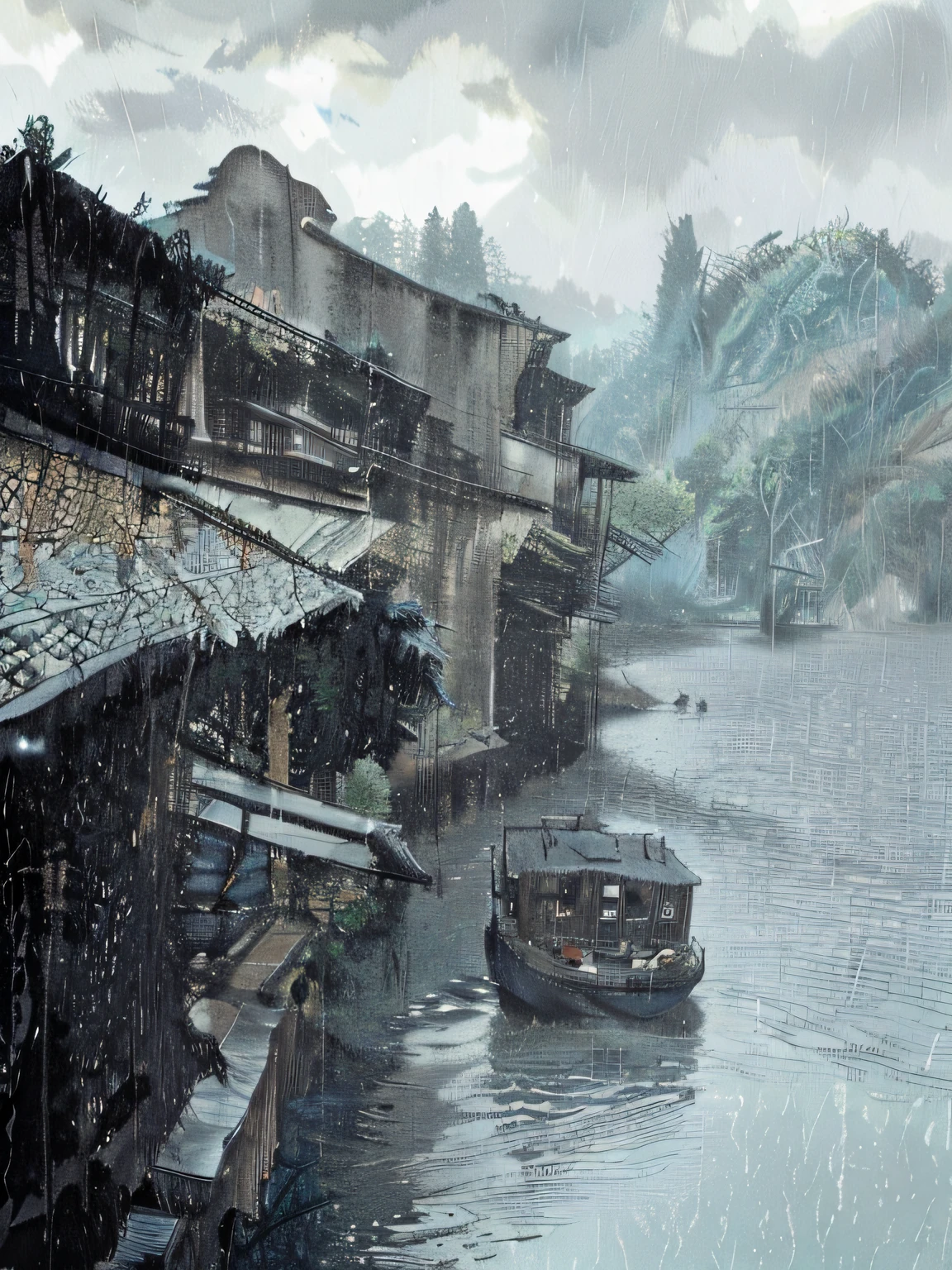 there is a boat that is traveling down the river in the rain, dreamy Chinese towns, author:Shi Rui, author:Cheng Zhengkui, author:Zou Zhe, author:Ji Sheng, author:Xie Zheng, author:Li Zai, author:Han Gan, rainy scene, author:Ann Text, author:Zhang Yin, author:Li Meishu, author:Gu An