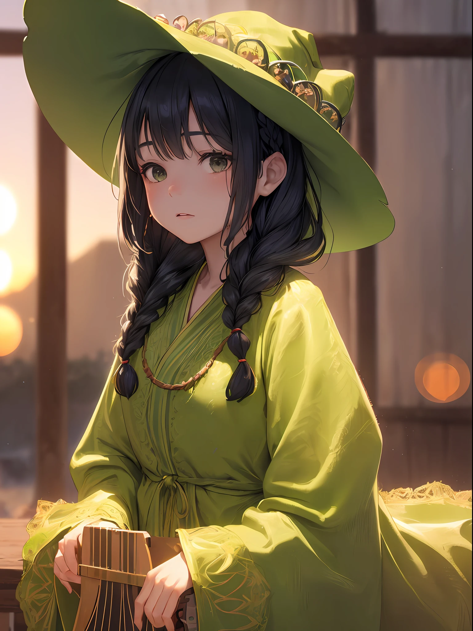 (Cute girl with braids in simple green witch big hat), (Cute girl about 10 years old), Play the lute, (masutepiece), (very intricate:1.3), (Realistic), portrait of girl, the most beautiful in the world, (Simple Green Witch Robe) , Upper body, forest, Intense sunlight, Professional photo details of stunning girls, Dramatic, awardwinning, Cinematic lighting, , Volumetrics DTX, (Film grain, Blurry background, Blurred foreground, Bokeh, depth of fields, Sunset, Motion Blur:1.3) Realism,Oversized shirt, A dark-haired,Chibi,Black eyes