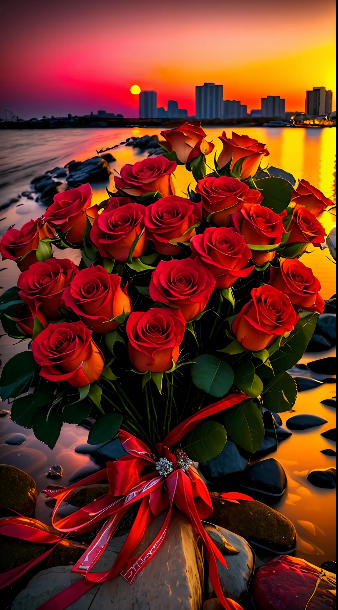 On the rocks by the water sits a bouquet of roses, Romantic!!!, gorgeous romantic sunset, floral sunset, for a beautiful, Red neon rose, 3156350975, author：Alexander Deneca, Lovely, Red roses, redpink sunset, roses in cinematic light, elegant flowers, rosette, author：Alexander Gerasimov