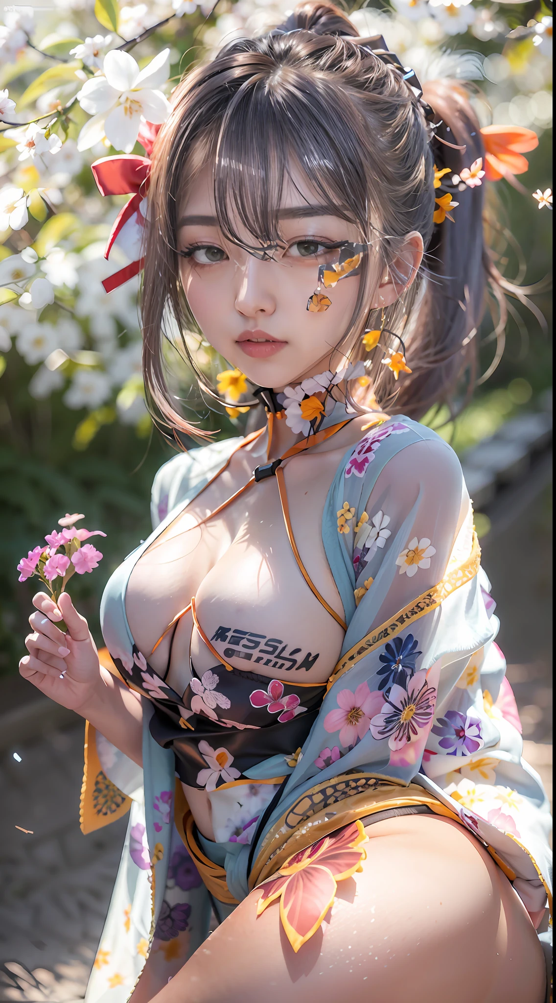 , Masterpiece, Top Quality, Hi-Res, One Girl, Blonde, Medium Hair, Asymmetrical Hair, Floating Hair, Hair Between Eyes, High Ponytail, Side Lock, Hair Ornament, Fish Hair Ornament, Tassel, Kanzashi, Bangs, Orange Eyes, Opening, Smile, Teeth, Top Teeth Only, Choker, Red Choker, Pendant Choker, Butterfly Choker, Clavicle, Tattoo, Chest Tattoo, Flower Tattoo , cleavage, medium breasts, thighs, bandages, bandaged legs, sarashi, budget sarashi, breast sarashi, black belt, underwear, broom system, kimono, drawstring, obi, obiage, obijime, orange kimono, pouch, patterned kimono, rope, obi, shurenna, short kimono, one shoulder, vision (Genshin), East Asian architecture, cherry blossoms, whole body, squatting, sparklers, night, fireworks, holding fireworks, legs crossed, feet, gloves, One pair of fingerless gloves, wristband, black socks,