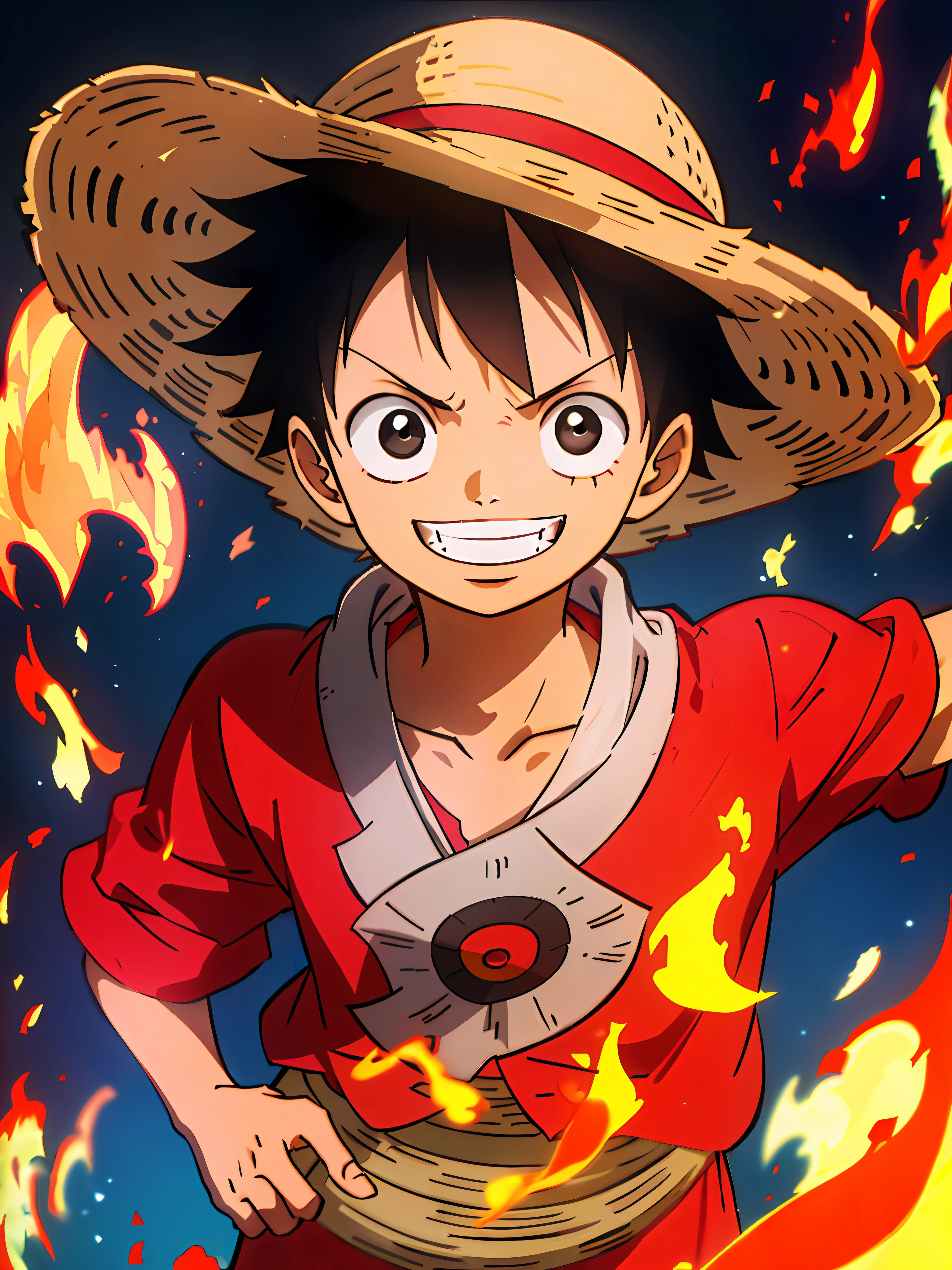 1boy, wanostyle, monkey d luffy, smiling, straw hat, looking at viewer, solo, upper body, ((masterpiece)), (best quality), (extremely detailed), depth of field, sketch, dark intense shadows, sharp focus, soft lighting, hdr, colorful, good composition, fire all around, spectacular, closed shirt, anime screencap, scar under eye, ready to fight, black eyes