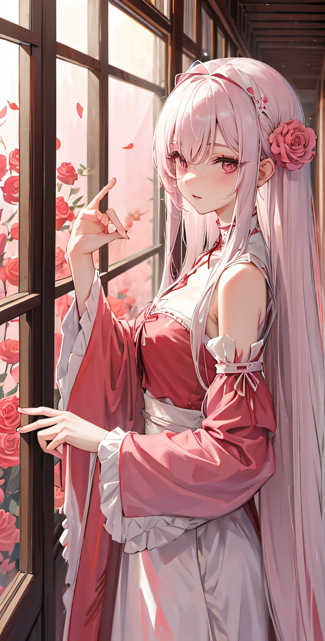 夏天,A desert,Pink clouds,In the garden there are anime girls with long white hair and red dresses,White-haired deity,Beautiful dress,Guvitz on the Pixiv Art Station,beautiful and seductive anime woman,delicate leg ,A land overgrown with roses stands beautiful girls,james gurney,Art station rendering,Ultra-wide lens,High- sharpness,