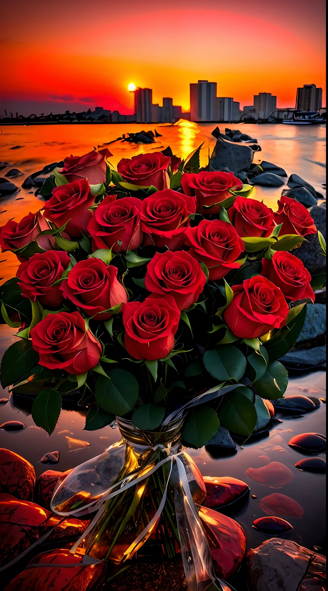 On the rocks by the water sits a bouquet of roses, Romantic!!!, gorgeous romantic sunset, floral sunset, for a beautiful, Red neon rose, 3156350975, author:Alexander Deneca, Lovely, Red roses, redpink sunset, roses in cinematic light, elegant flowers, rosette, author:Alexander Gerasimov