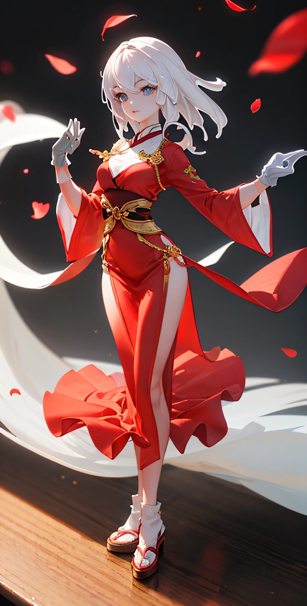 Need,tmasterpiece,A high resolution,(Delicate figure，White gloves:2.0),Absolutely beautiful,(Milky skin:1.3),exquisitedetails，Delicate face，,A high resolution,Wallpapers,1female,独奏,shift dresses,hair adornments,(((Golden and red dress，Long gray hair)) ), long  white hair,Fox's tail, friedly smile,Gorgeous accessories, longer sleeves, Raise Hand, Wide sleeves, Big eyes, Fluttering, Hanfu, Hanfu, embroidery, long  skirt, Feminine pose, falling flower petals, lanterns，16K，HDR，A high resolution，depth of fields，（filmgrain：1.1），Bocoon，prime time，（lens flare glow），Vignette，rainbowing，（Color：1.5）