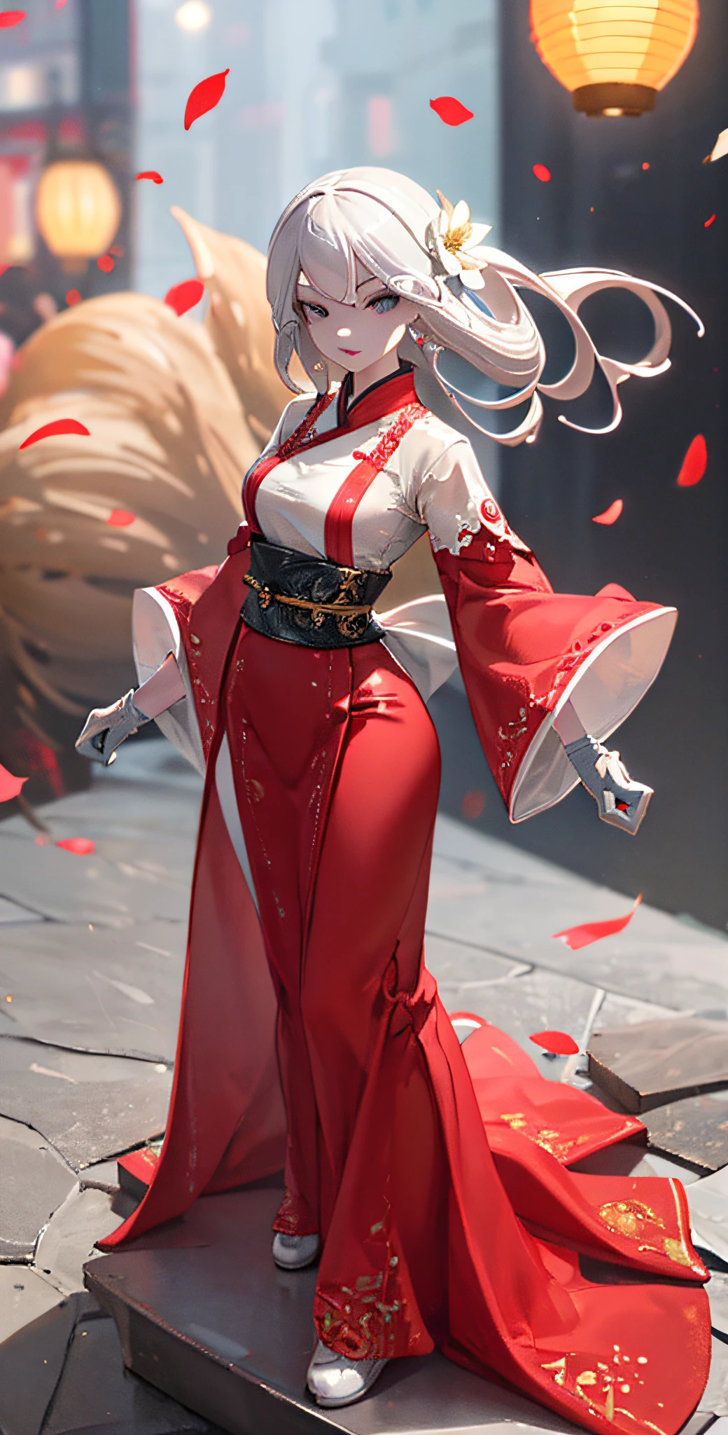 Need,tmasterpiece,A high resolution,(Delicate figure，White gloves:2.0),Absolutely beautiful,(Milky skin:1.3),exquisitedetails，Delicate face，,A high resolution,Wallpapers,1female,独奏,shift dresses,hair adornments,(((Golden and red dress，Long gray hair)) ), long  white hair,Fox's tail, friedly smile,Gorgeous accessories, longer sleeves, Raise Hand, Wide sleeves, Big eyes, Fluttering, Hanfu, Hanfu, embroidery, long  skirt, Feminine pose, falling flower petals, lanterns，16K，HDR，A high resolution，depth of fields，（filmgrain：1.1），Bocoon，prime time，（lens flare glow），Vignette，rainbowing，（Color：1.5）