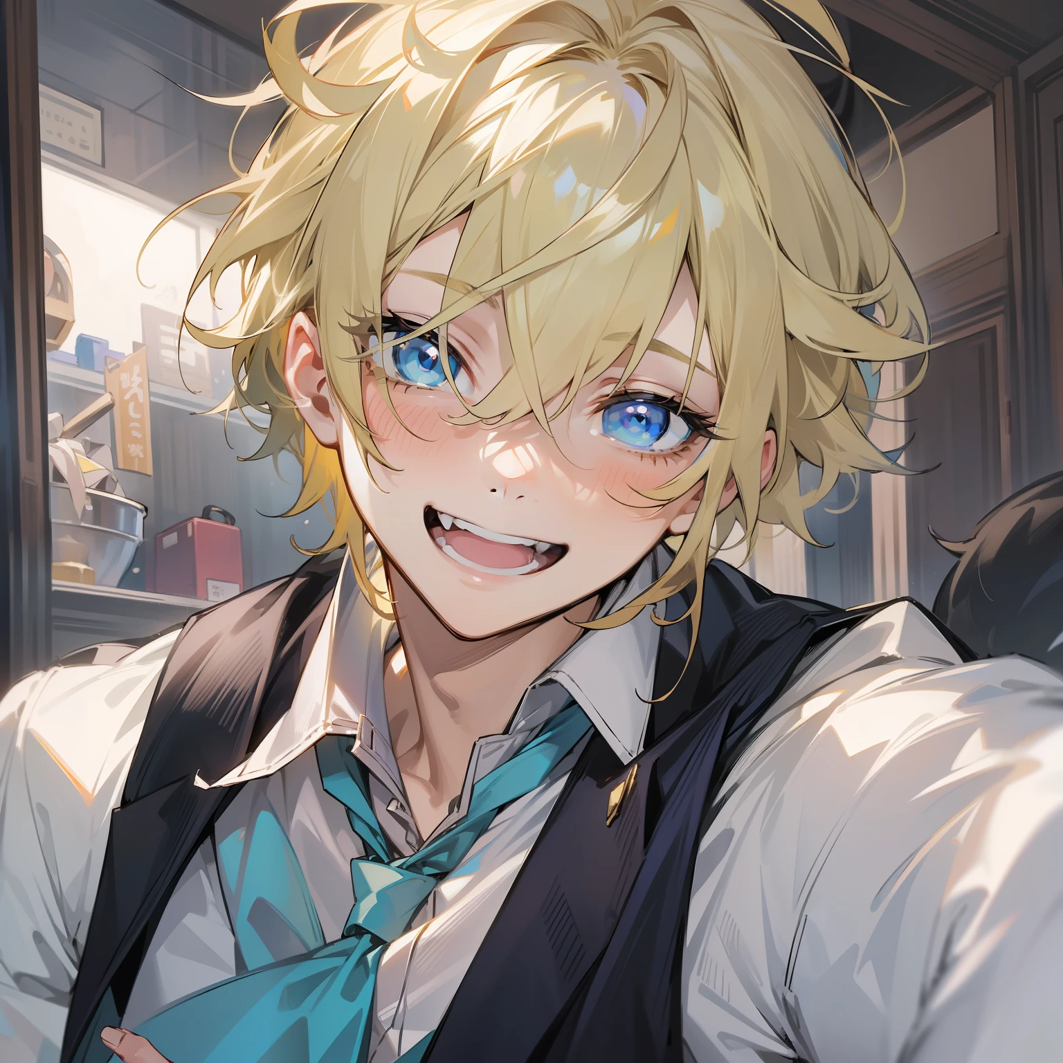Blonde young man、blue eyess、Black Waiter Vest、laugh face、soio