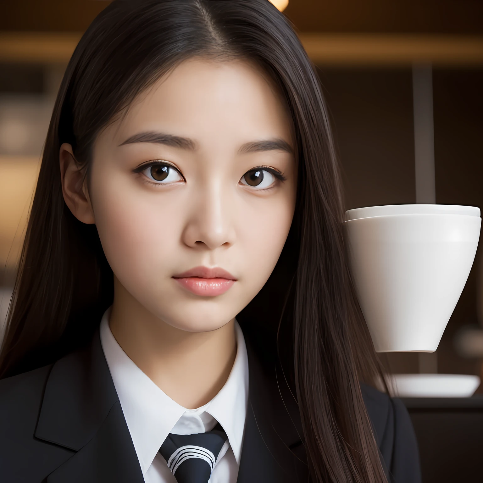 Best Quality, Masterpiece, Ultra High Resolution, (Realistic: 1.4), Original Photo, Head Photo, Skin, Simple Background, Black Eyes, Detail, Selfie, 1 Girl, Uniform, in a coffee shop, looking at the audience,