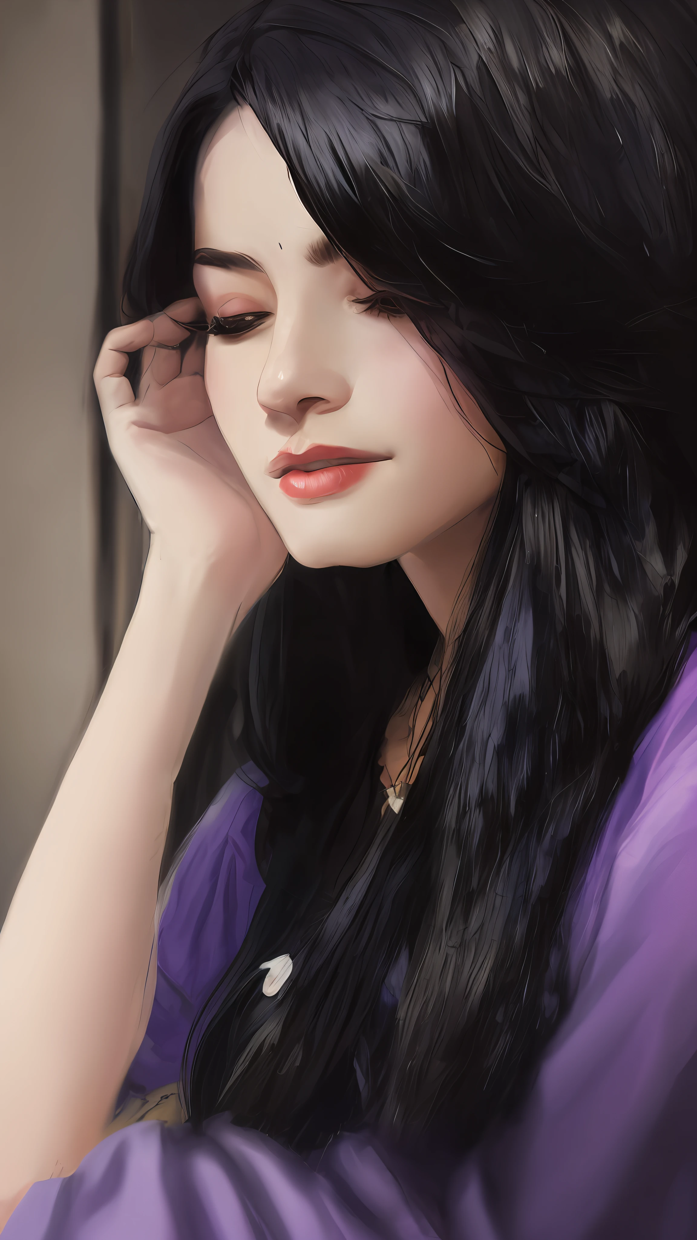 arafed woman with long black hair and a purple shirt, girl with black hair, in a oil painting style, portrait soft low light, with lovely look, female with long black hair, candid!! dark background, pale-skinned persian girl, profile portrait, black-hair pretty face, cute beautiful, edited in photoshop, young woman with long dark hair