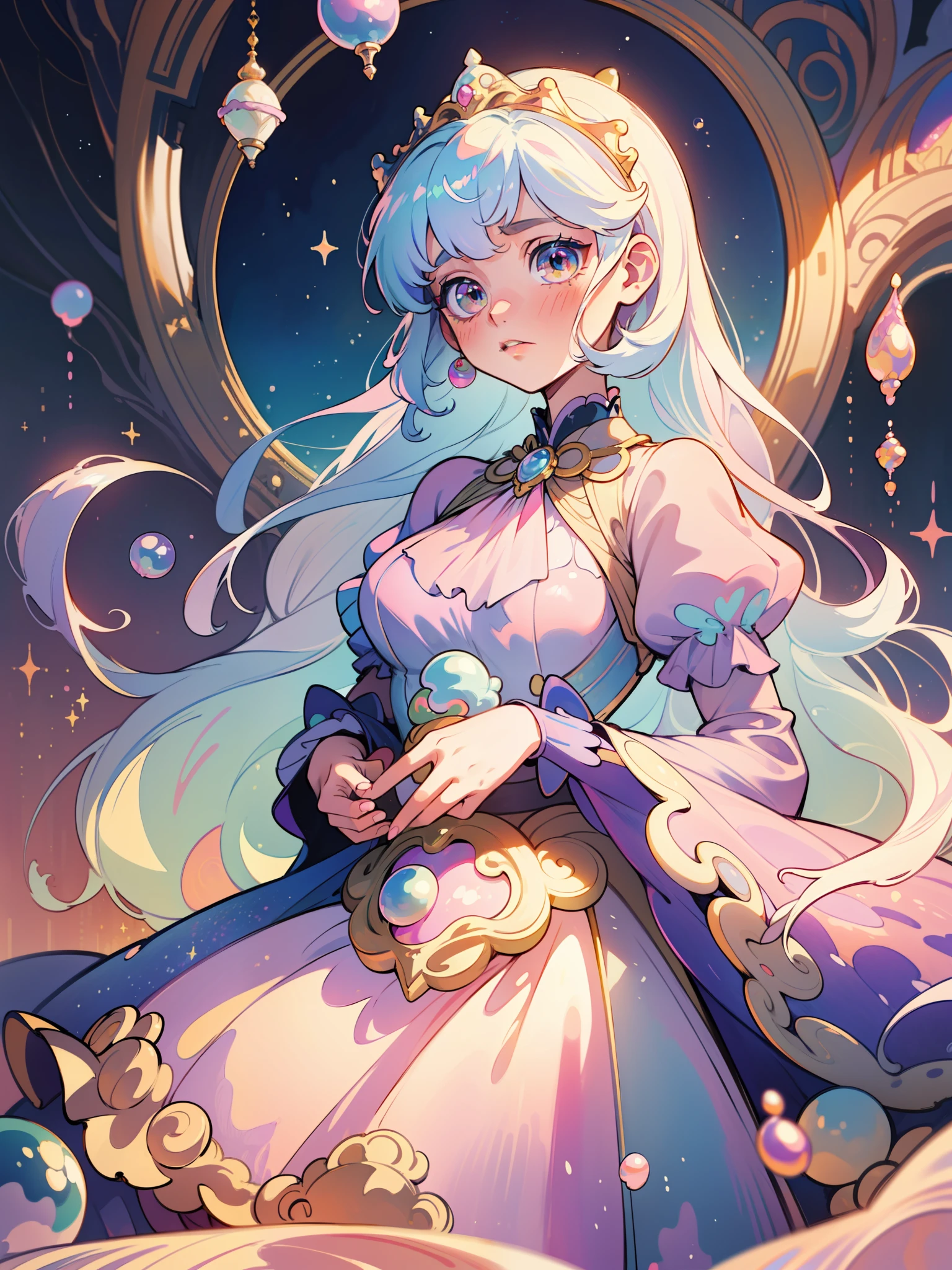 masterpiece, best quality, 8k resolution, sharp focus, intricate detail, beautiful girl, sparkling eyes, golden ratio face, otherworldly liquid, watercolor, ((pastel colors)), bright colors, whimsical, colorful, sharp focus, high resolution, fine detail, princess fantasy ballgown, ((round eyes)), iridescent bubbles, castle landscape in background