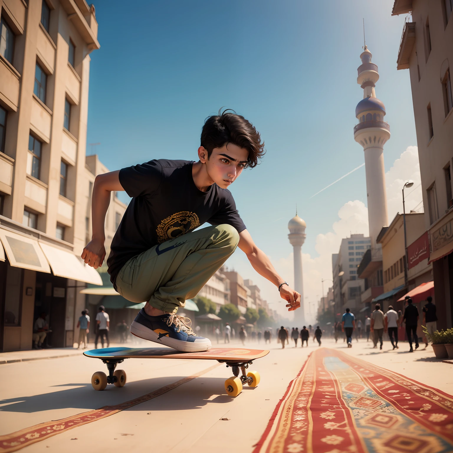 an iranian age boy on a flying skateboard made of a golden blue persian carpet