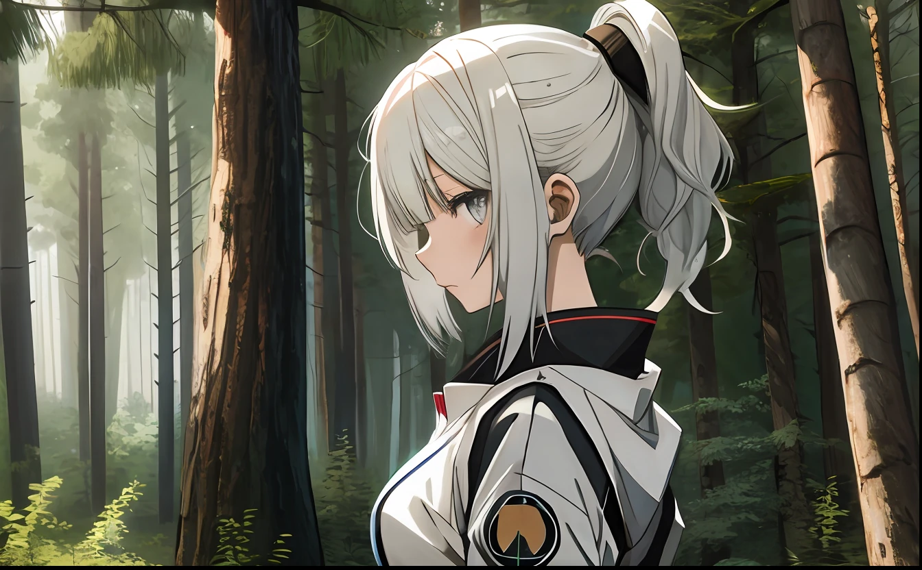 anime girl, forest, short white hair, ponytail