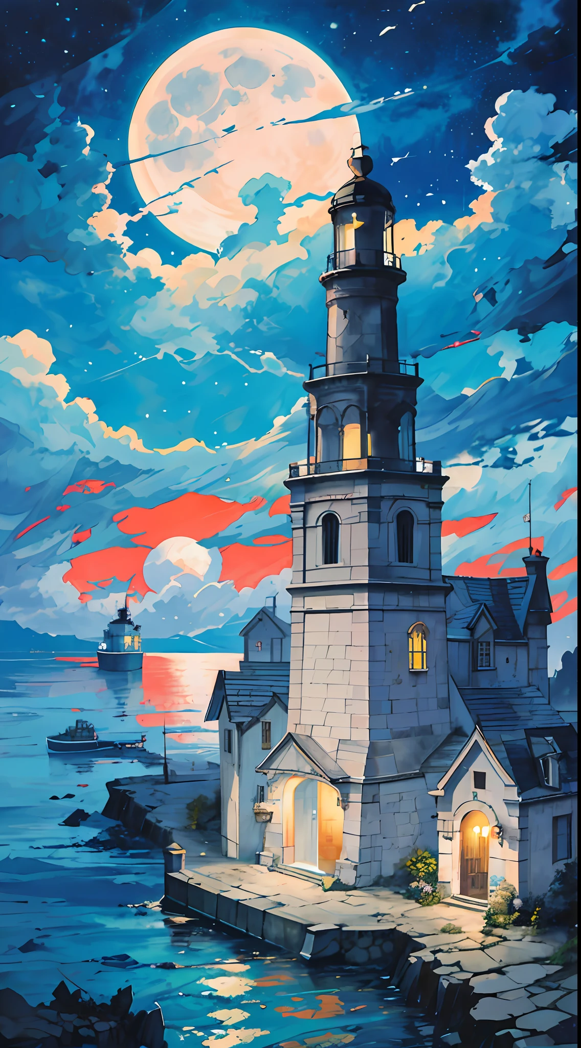 best quality,masterpiece,octans,no humans,moon,sky,scenery,full moon,night,night sky,outdoor,cloud,water,watercraft,Harbour,lighthouse,cloudy sky,building