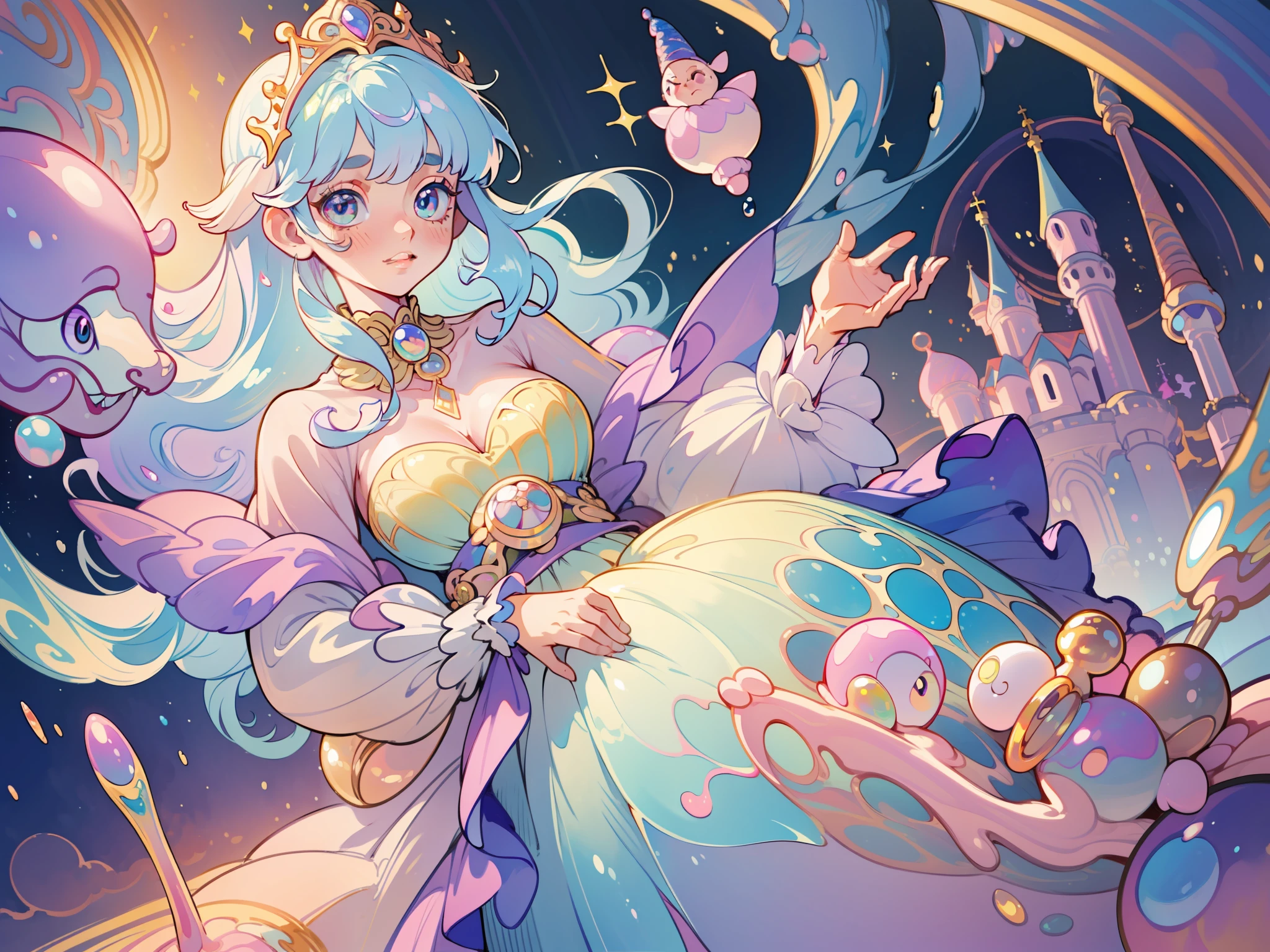 masterpiece, best quality, 8k resolution, sharp focus, intricate detail, beautiful girl, sparkling eyes, golden ratio face, otherworldly liquid, watercolor, ((pastel colors)), bright colors, whimsical, colorful, sharp focus, high resolution, fine detail, princess fantasy ballgown, ((round eyes)), iridescent bubbles, castle landscape in background