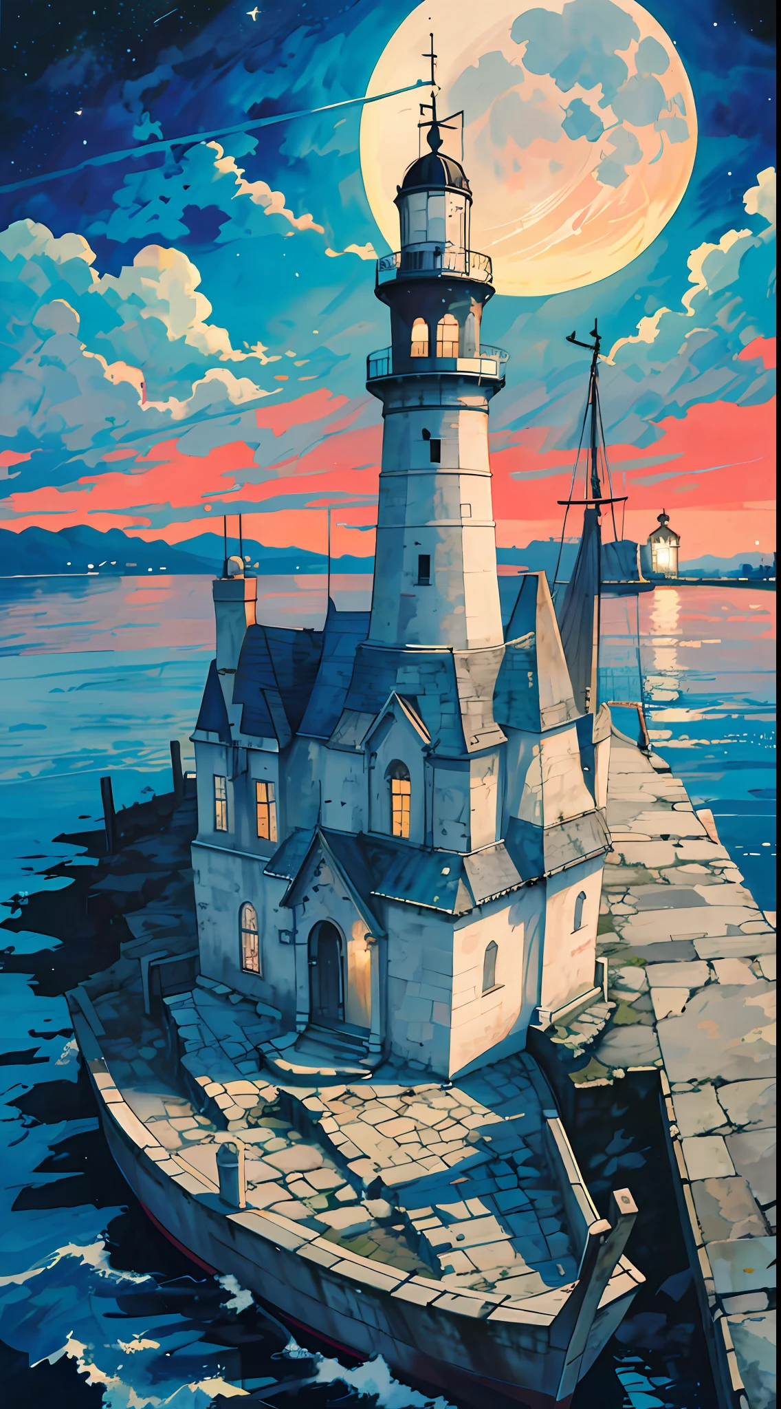 best quality,masterpiece,octans,no humans,moon,sky,scenery,full moon,night,night sky,outdoor,cloud,water,watercraft,Harbour,lighthouse,cloudy sky,building