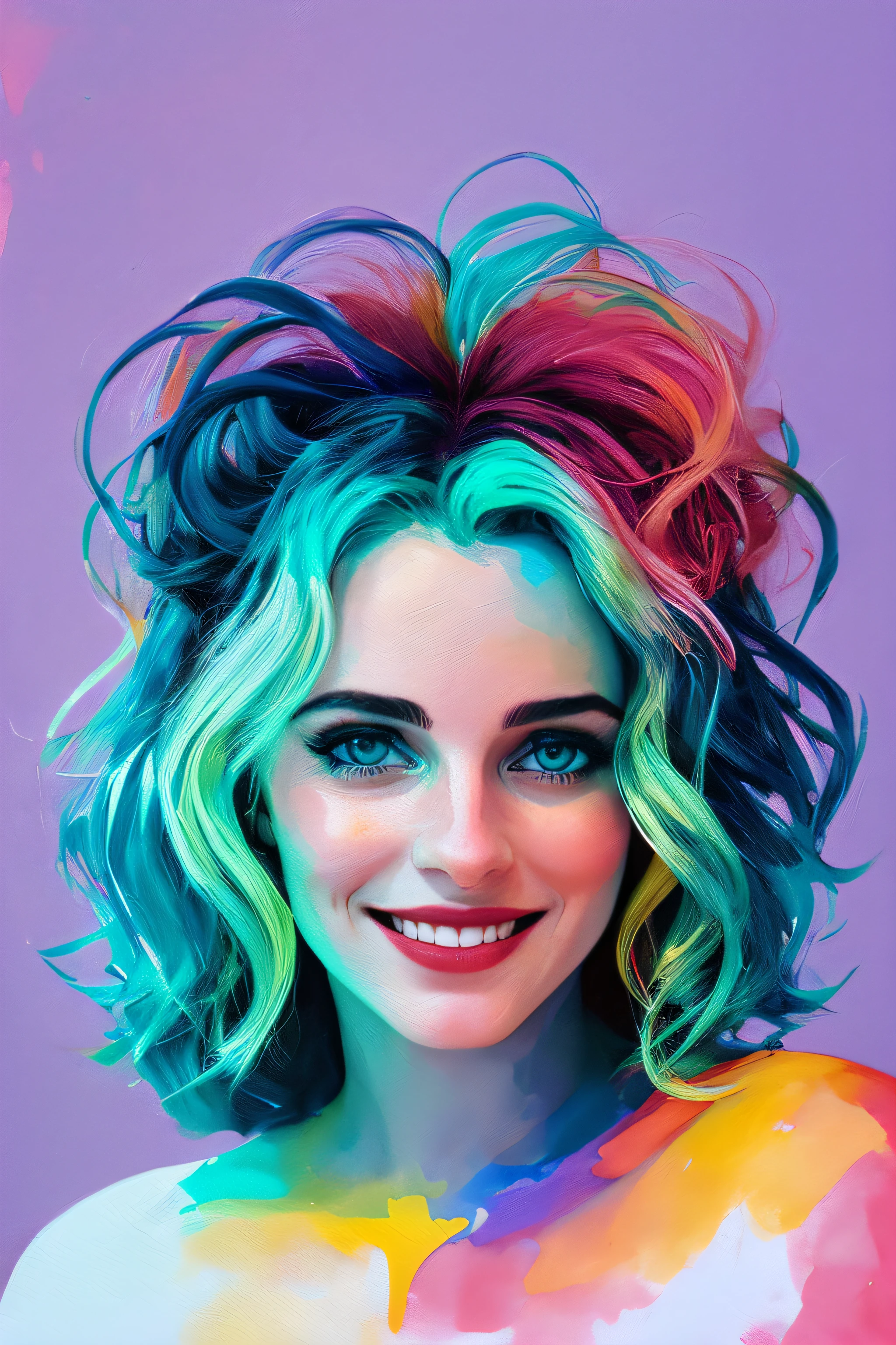 retrato de uma bela mulher sorridente com algumas sardas, fundo de paisagem montanhosa coberta de neve por ilya kuvshinov e annie leibowitz. Synthwave watercolor painting on canvas Trends in Artstation Dramatic lighting Abstract Expressionism Pastel Tones Tones (hd) Golden Ratio Details Aesthetic Octane Rendering Excellent Composition Natural Textures 8K Oil Painting Masterpiece