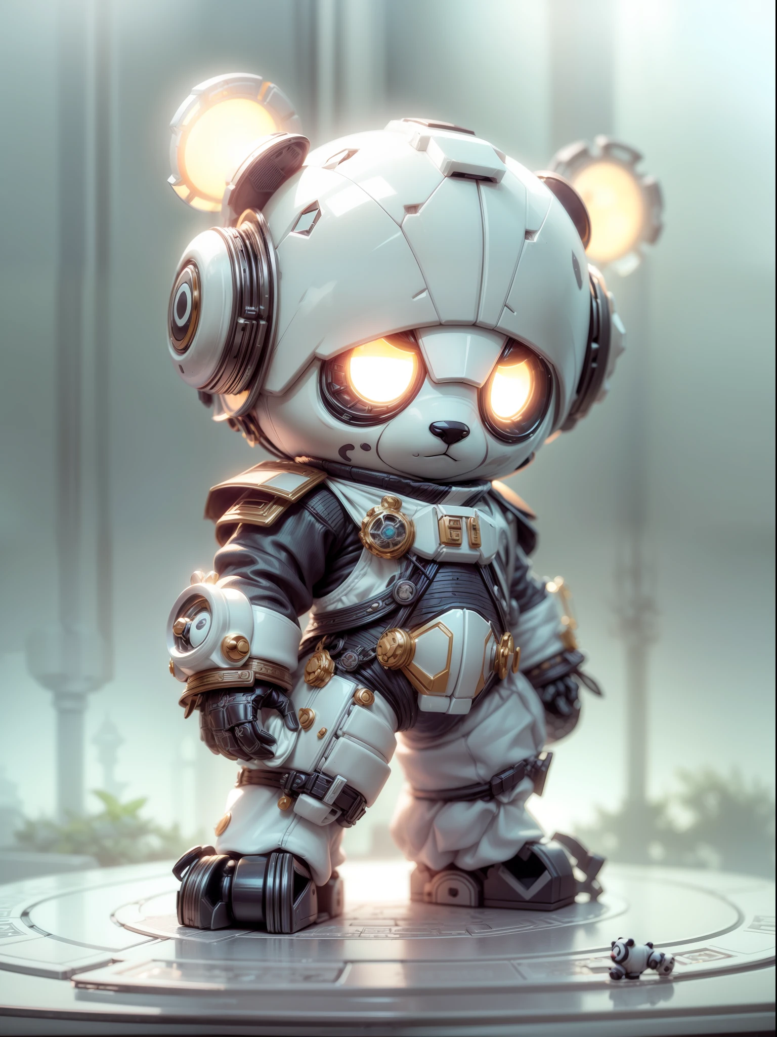 (Blind box toy style:1.2), (Full body shot) , 1 Transparent and cute panda, Metal mech, Exquisite helmet:1.2, steampunc, dreamy glow, Clean, White background, ( Global illumination, Ray traching, hdr, unreal render,reasonable design, high detal, Masterpiece, Best quality, hyper HD, Cinematic lighting)