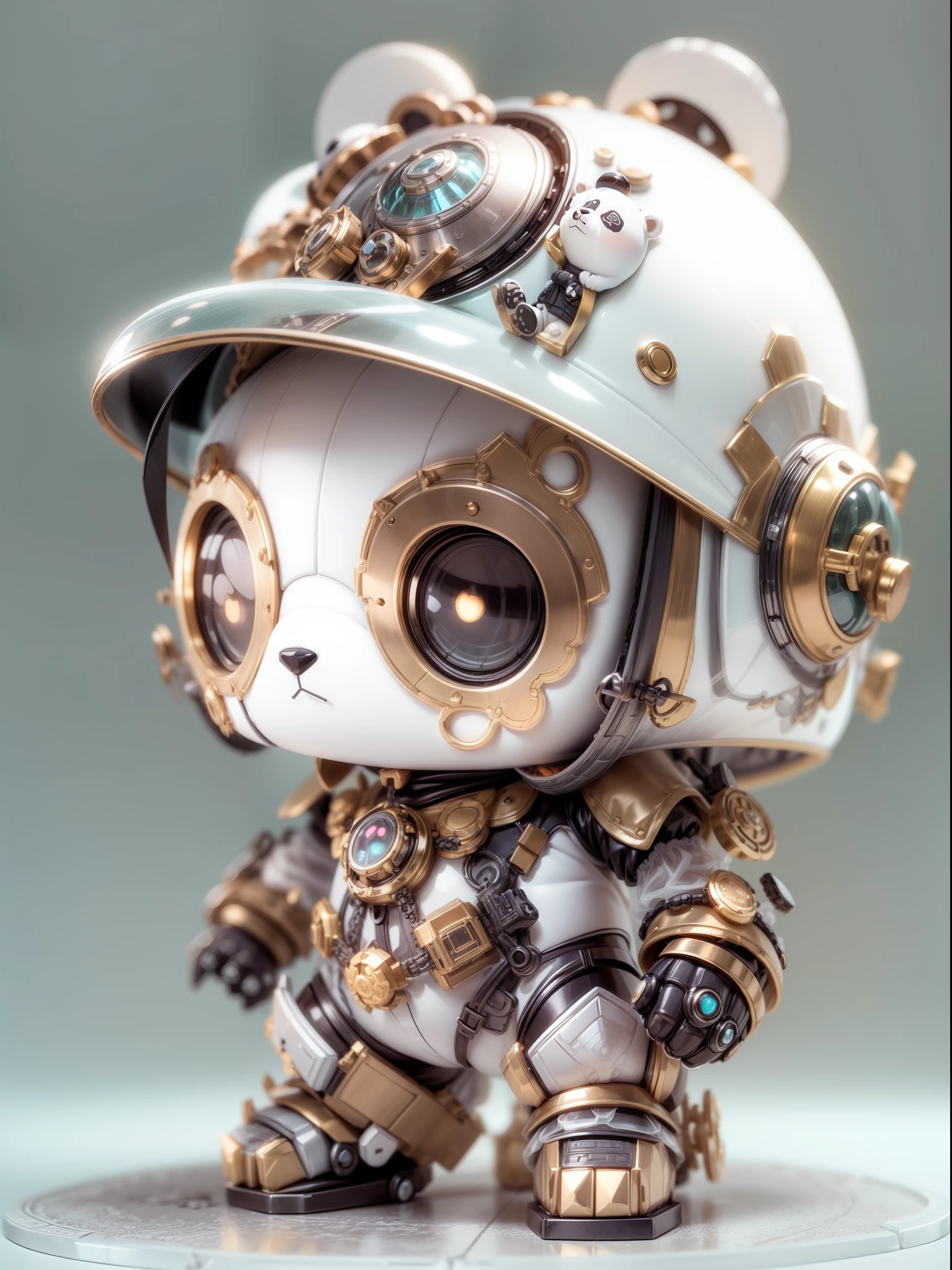 (Blind box toy style:1.2), (Full body shot) , 1 Transparent and cute panda, Metal mech, Exquisite helmet:1.2, steampunc, dreamy glow, Clean, White background, ( Global illumination, Ray traching, hdr, unreal render,reasonable design, high detal, Masterpiece, Best quality, hyper HD, Cinematic lighting)