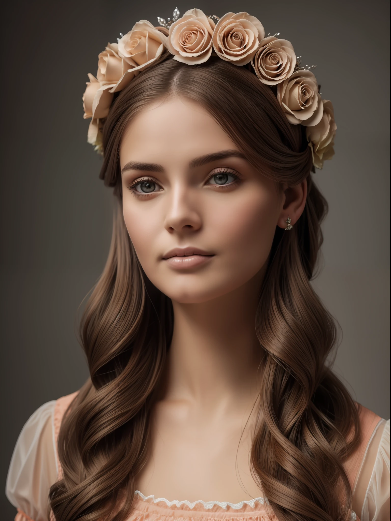There is a woman, loira, tiara of flowers on the head hair stuck, classic Victorian style salmon colored clothing, foto em estudio, um ponto de luz iluminando a modelo, obra de arte, ultra realista, 4k, olhos azuis, meio corpo