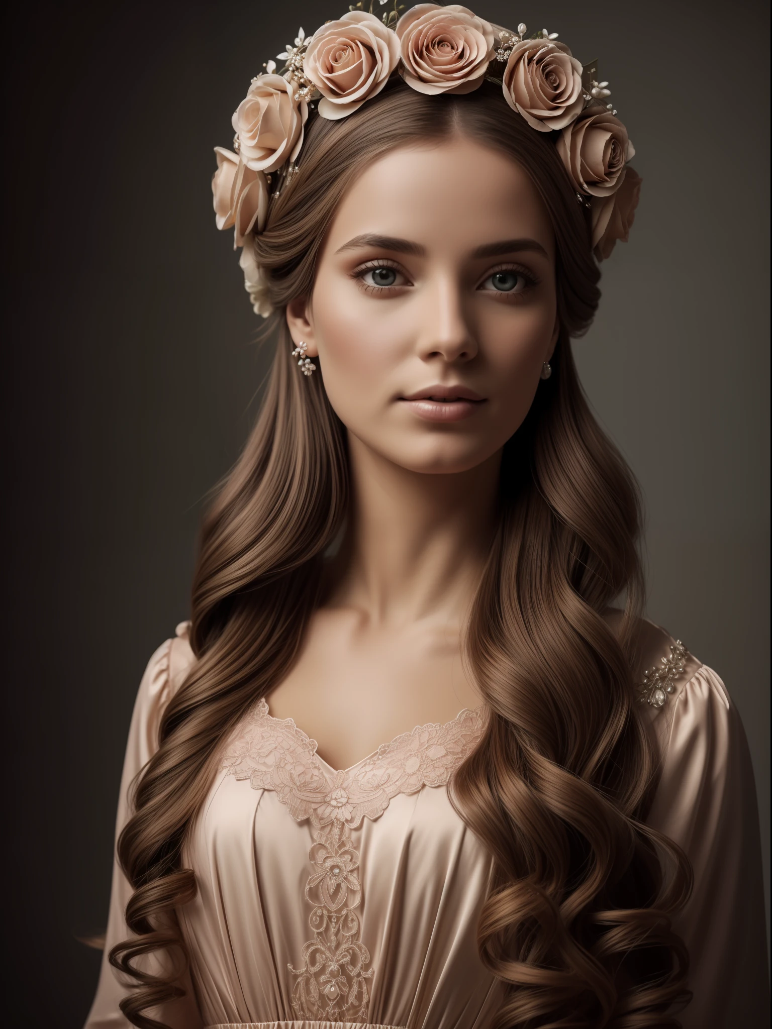 There is a woman, loira, tiara of flowers on the head hair stuck, classic Victorian style salmon colored clothing, foto em estudio, um ponto de luz iluminando a modelo, obra de arte, ultra realista, 4k, olhos azuis, meio corpo