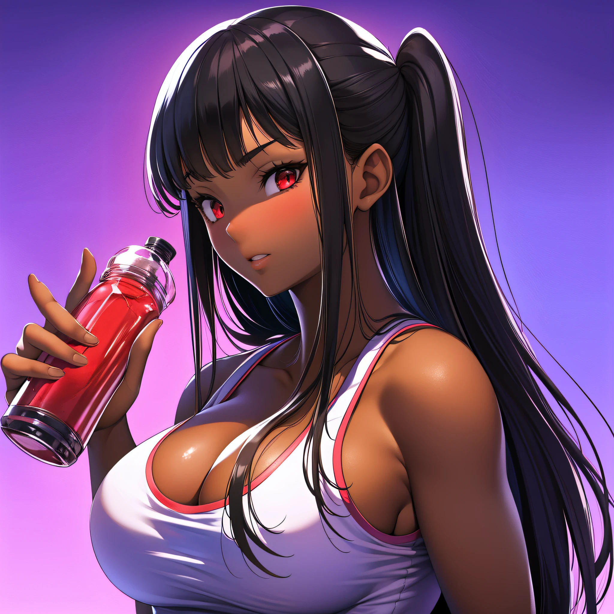the bulletbillzette , and a girl with dark skin, athletic body, huge breasts, long black hair, straight bangs, crimson red eyes, wears a short tank top, showing off her abs, holding a bottle of water, with the other hand on her waist , standing, 1 girl, perfect anatomy, pretty face, perfect hands, no extra arms or legs, 4k resolution, simple background.