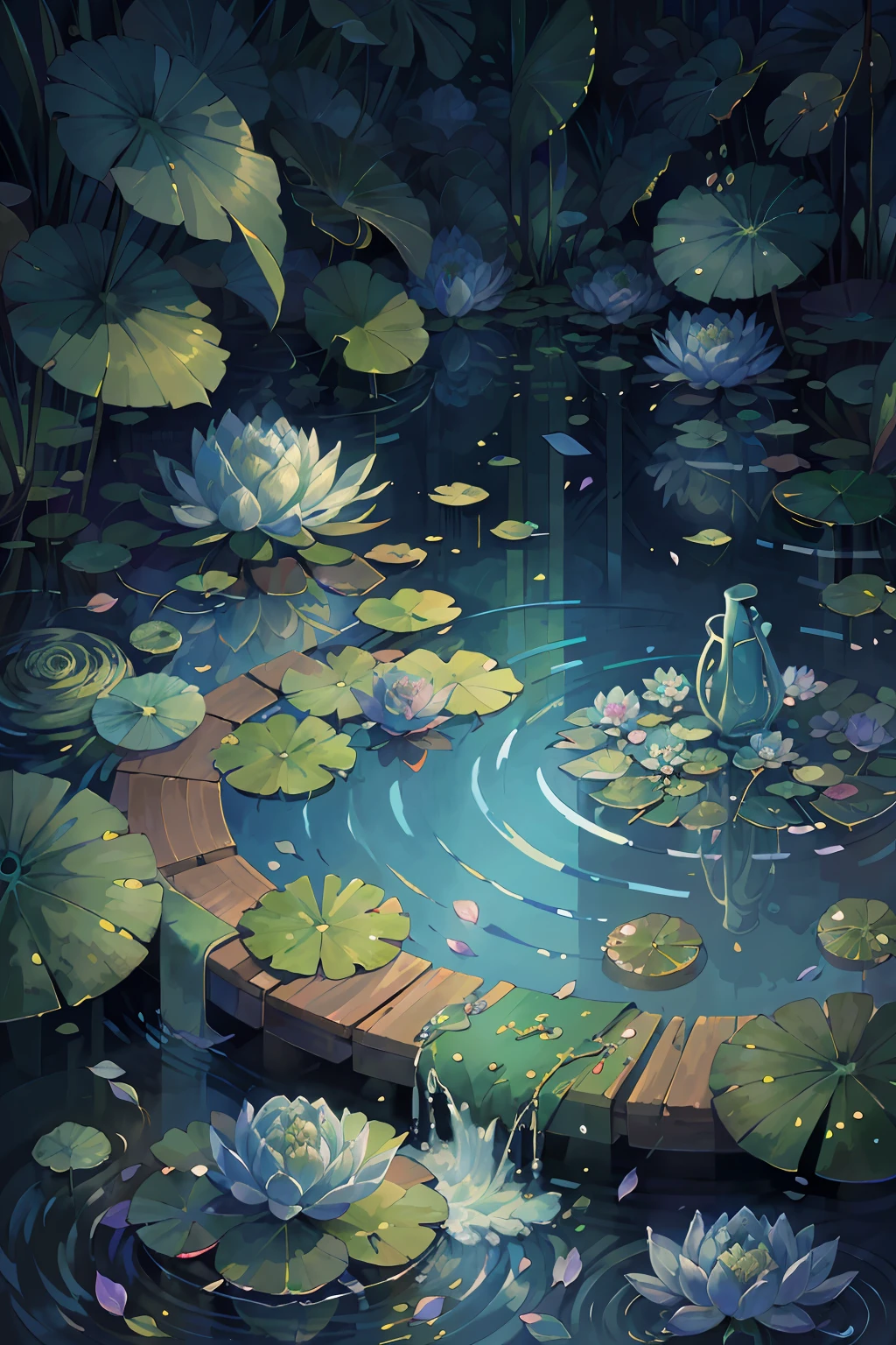 Original,(illustratio:1.1),(best qualtiy),(tmasterpiece:1.1),(the Extremely Detailed CG Unity 8K Wallpapers),(a color:1.2),water lilies,Water lily petals,scenecy,rios|Wagas,