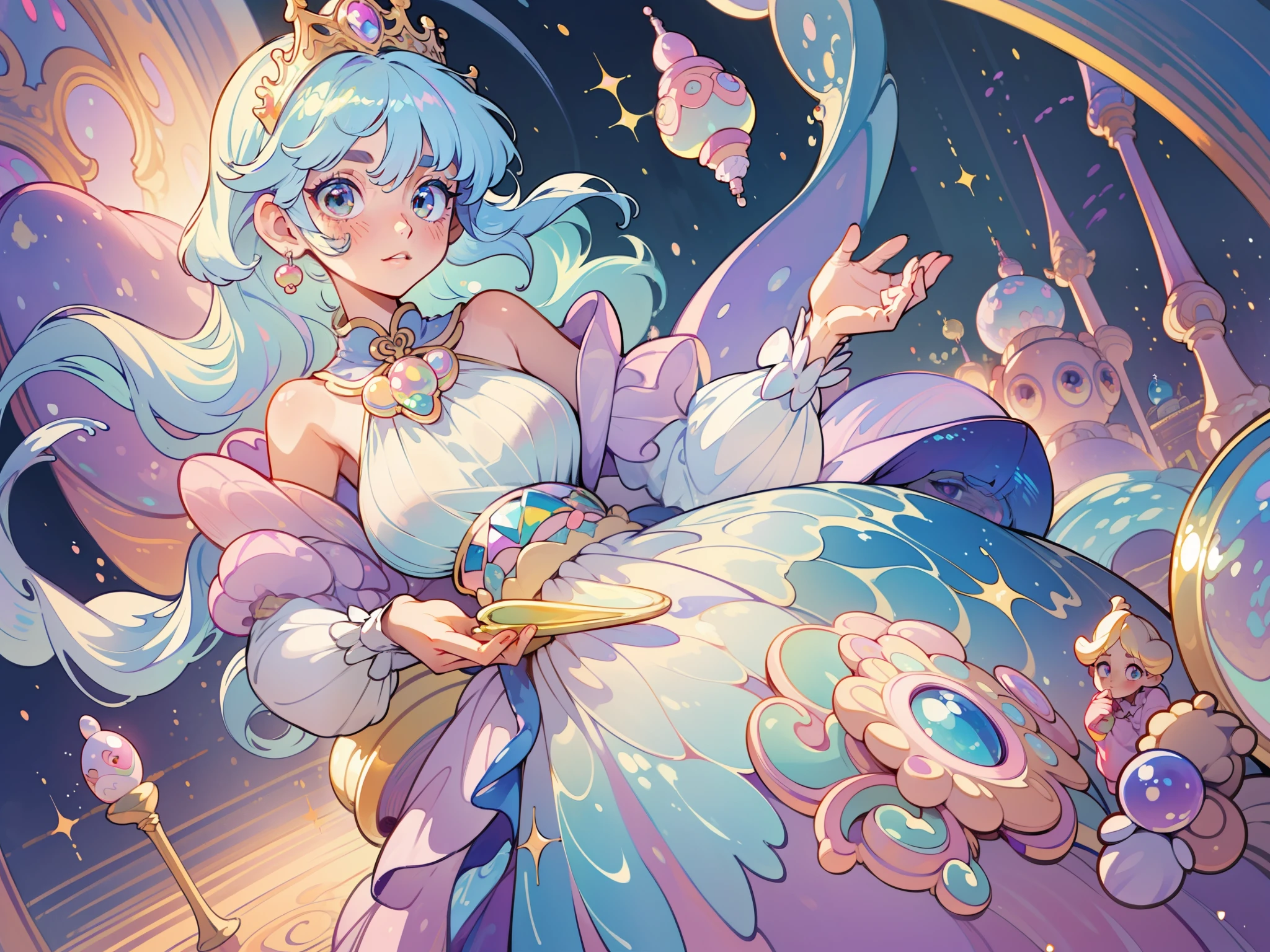 masterpiece, best quality, 8k resolution, sharp focus, intricate detail, beautiful girl, sparkling eyes, golden ratio face, otherworldly liquid, watercolor, ((pastel colors)), bright colors, whimsical, colorful, sharp focus, high resolution, fine detail, princess fantasy ballgown, ((round eyes)), iridescent bubbles, castle landscape in background