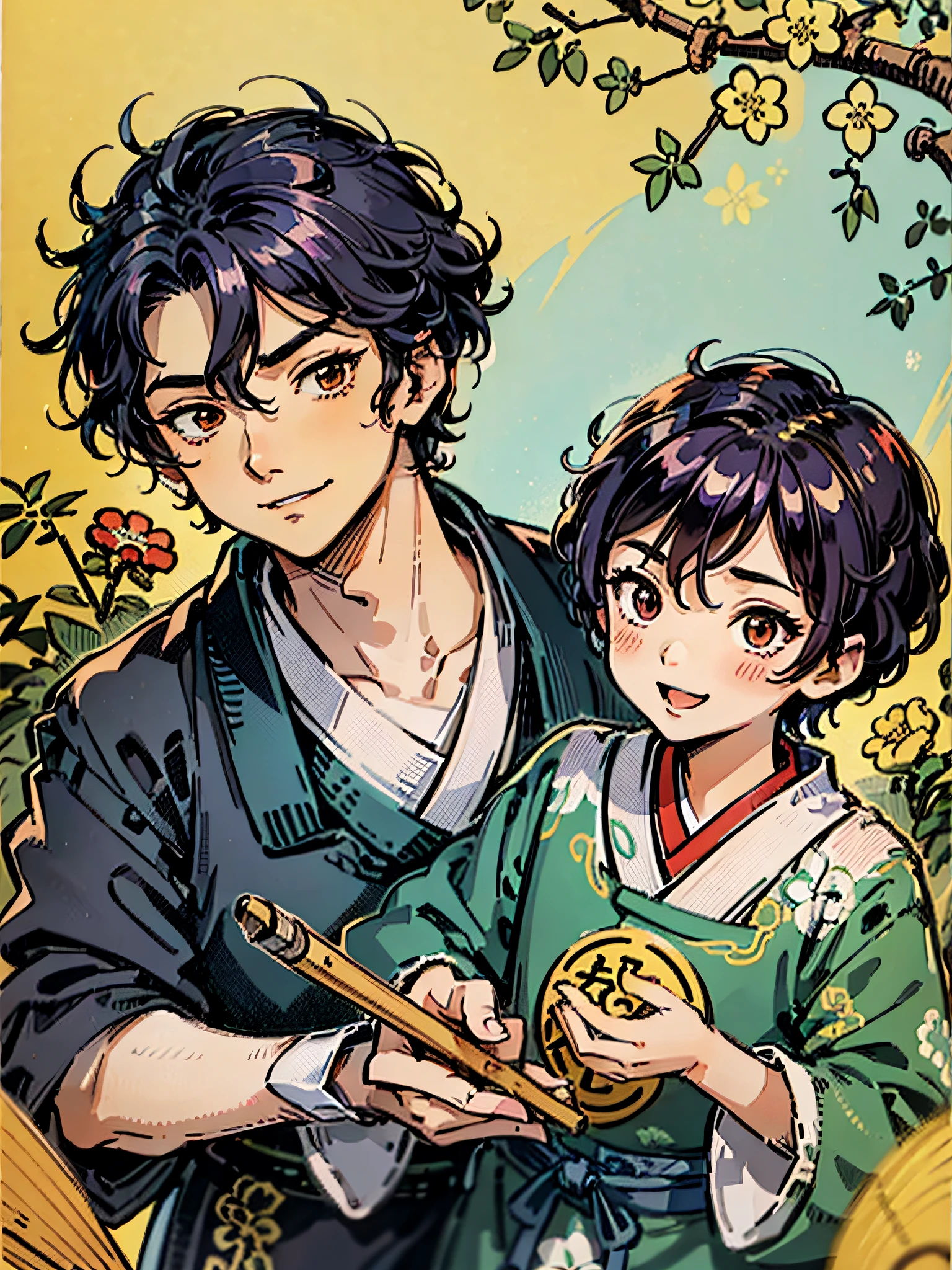 Propose a very attractive design、1boys、10-year-old boy、Boy with short hair、fighting poses、There is a sense of dynamism、Depicted to the toes、Katsushika Hokusai-kaze、Natural color design、Bold and beautiful plant design、Bamboo motifs、Long stretched bamboo design、japanic style、Detailed diagram of the pattern、With the highest quality、​masterpiece、hight resolution、ukiyoe style、Artistic style、Postcard Design、Balanced design、Attractive composition、Emotional Art、Ukiyo-e style、japanese aesthetic、4K resolution、Gorgeous background art、Attributes of boys（Bright smile、Very smile、active、Comfortable clothing、male people、Lively、Ninja、Martial artist、Little Boy、Cheerful boy、Bullish personality、Dignified、Beautiful Boys、A dark-haired、short-hair、Rough hair、Untied hair、Natural hairstyle、Good impression）