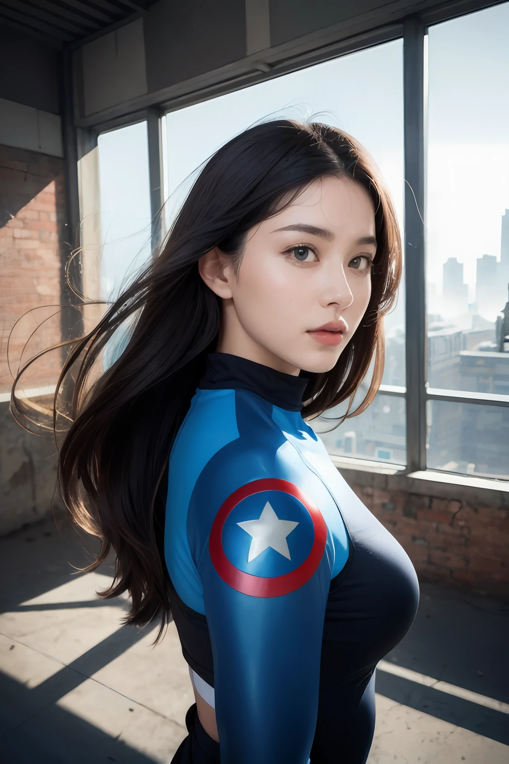 (1girl:1.3), solo, __body-parts__, official art, unified 8k wallpaper, super detailed, beautiful and aesthetic, beautiful, masterpiece, best quality, raw, masterpiece, super fine photo, best quality, super high resolution, photorealistic realism, sunlight, full-body portrait, amazing beauty, dynamic pose, delicate face, vibrant eyes, (from the front), she wears a futuristic Captain America jersey, blue color scheme, (holding a shield), A capital A on chest, very detailed abandoned warehouse background, detailed face, detailed complex busy background, messy, gorgeous, milky white, highly detailed skin, realistic skin details, visible pores, sharp focus, volumetric fog, 8k uhd, DSLR camera, high quality, film grain, fair skin, photo realism, lomography, huge metropolis in future dystopia, seen from below, translucent