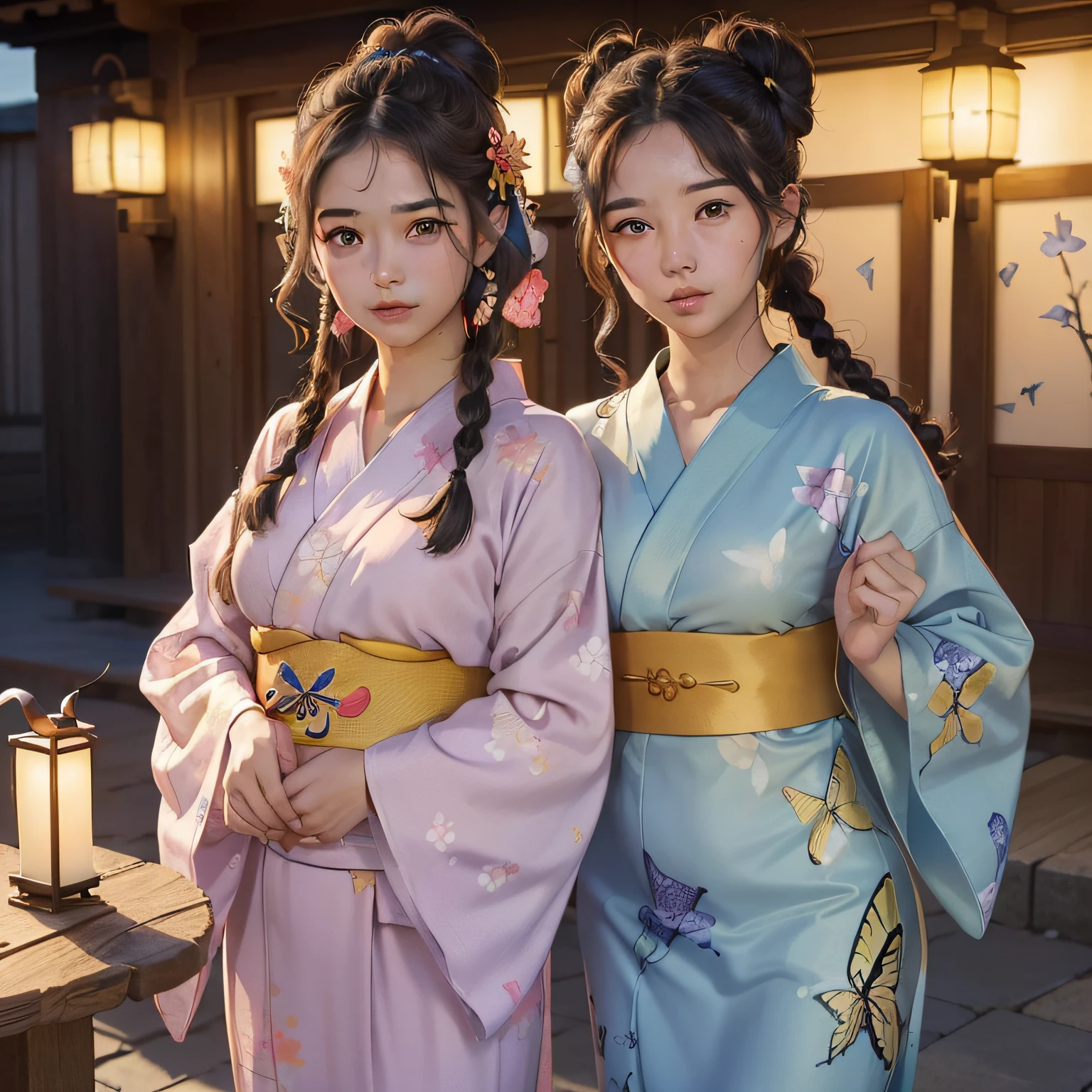 2girls, ((masterpiece、top-quality、ultra-definition、hight resolution))、4K picture quality、((Beautuful Women))、22year old、wetted skin、radiant eyes、perfect eyes、(Beautiful Nordic sisters)、the beach,Background crowd、((Curly hair in braids、Bun1))、((facial close-up))、(((Wearing a bell sleeve yukata)))、((The pattern of the yukata varies from flashy floral pattern to swallowtail butterfly.))、((Use primary colors for yukata colors))、masterpiece、top-quality、ultra-definition、hight resolution))、4K picture quality、