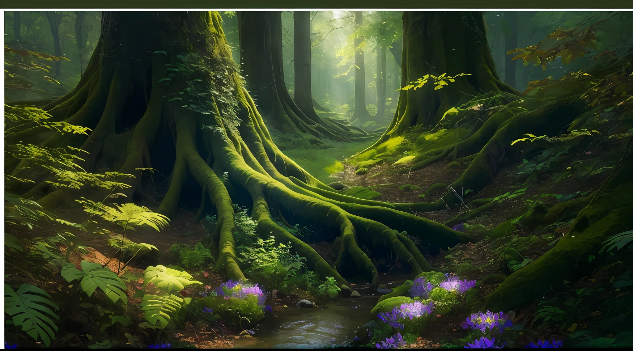 The forest where the fairies live、It's a dreamy fantasy world。Ancient tall tree decorated with sparkling vines々stretches towards the sky、The leaves glitter like jewels。Magic flowers in bright shades々Covering the forest floor、Illuminates the path while emitting a soft light。The tree々The sunlight shining in from between creates a pattern of sparkling light and shadow on the forest floor.。florals々The sweet aroma of fills the air、It creates a pleasant and enchanting atmosphere。Using Image Generation AI、Depicts the fascinating and mysterious beauty of the fairy forest、Capture the soul of that dreamy world。Very realistic, photograph, , Eye-Level Shot, first-person view, super detail, high details, high quality, 8k