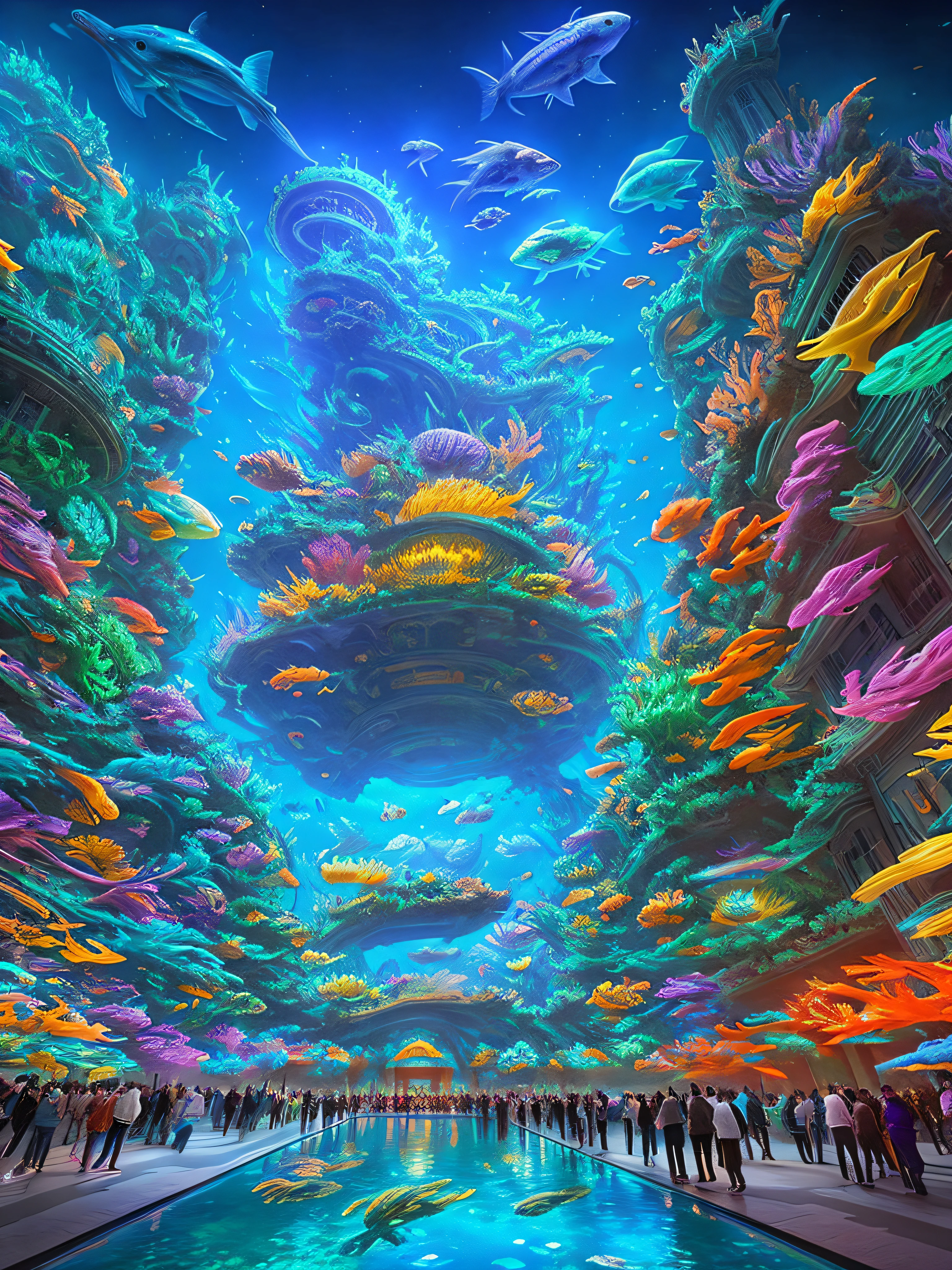 Epic fantasy concept, Modern transparent building at night,It is a huge aquarium containing marine life, Nice colorful light decoration, Wide shot, 8k 辛烷值渲染, Photorealistic, Cinematic lighting, detailed building, Detailed fish