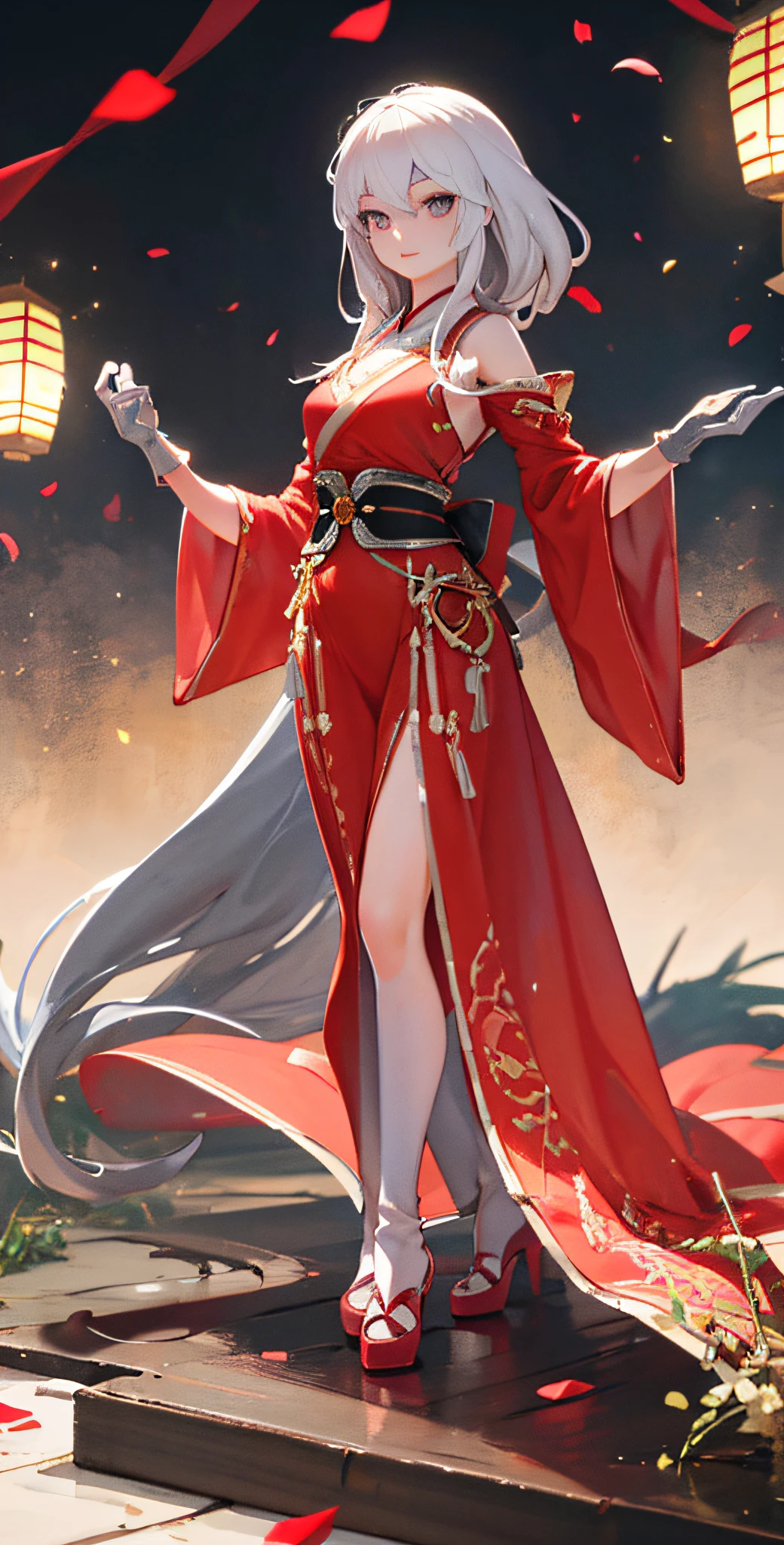Need,tmasterpiece,A high resolution,(Delicate figure,White gloves:2.0),Absolutely beautiful,(Milky skin:1.3),exquisitedetails,Delicate face,,A high resolution,Wallpapers,1female,独奏,shift dresses,hair adornments,(((Golden and red dress,Long gray hair)) ), long white hair,Fox's tail, friedly smile,Gorgeous accessories, longer sleeves, Raise Hand, Wide sleeves, Big eyes, Fluttering, Hanfu, Hanfu, embroidery, long skirt, Feminine pose, falling flower petals, lanterns,16K,HDR,A high resolution,depth of fields,(filmgrain:1.1),Bocoon,prime time,(lens flare glow),Vignette,rainbowing,(Color:1.5)