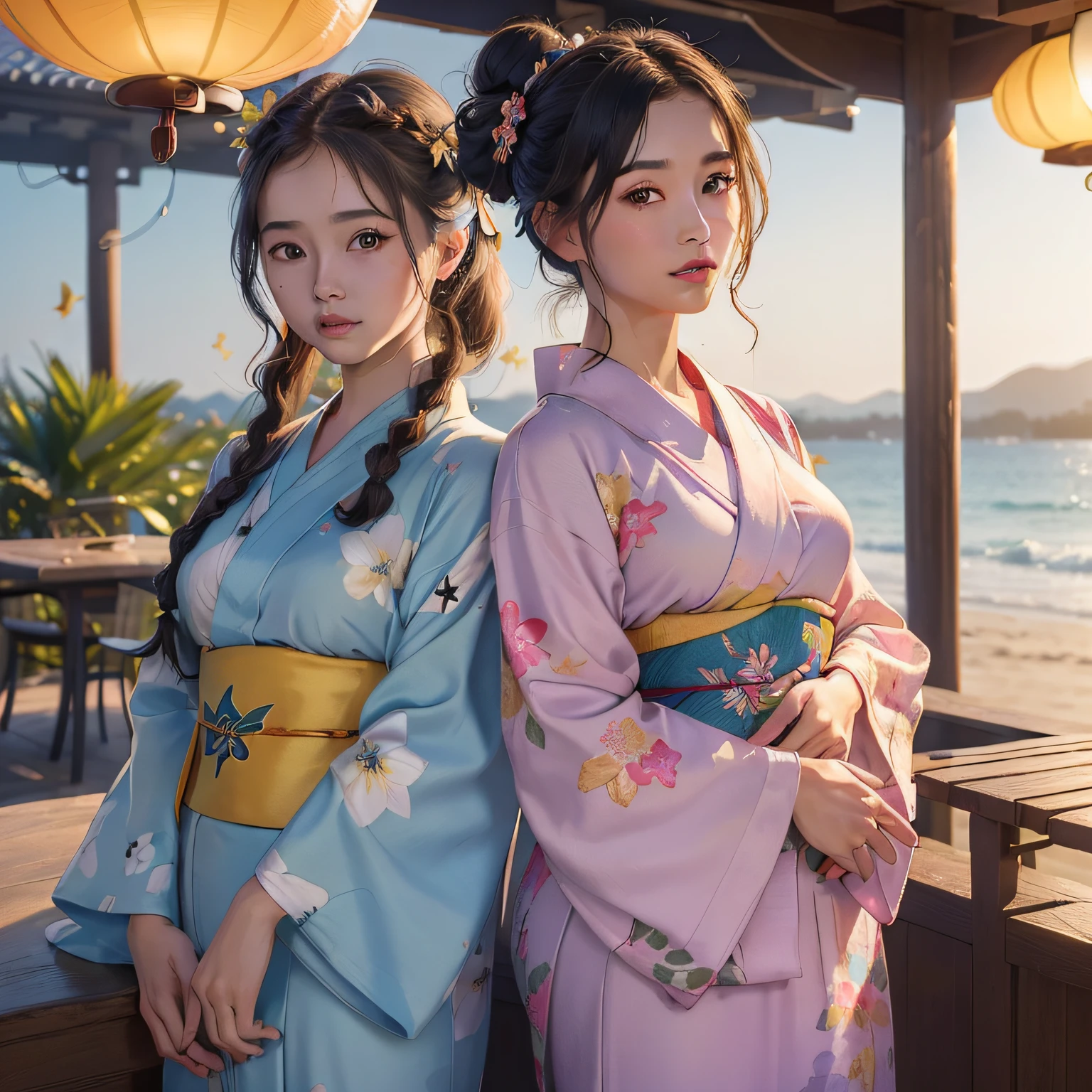 2girls, ((​masterpiece、top-quality、ultra-definition、hight resolution))、4K picture quality、((Beautuful Women))、22year old、wetted skin、radiant eyes、perfect  eyes、(Beautiful Nordic sisters)、the beach,Background crowd、((Curly hair in braids、Bun１))、((facial close-up))、(((Wearing a bell sleeve yukata)))、((The pattern of the yukata varies from flashy floral pattern to swallowtail butterfly.))、((Use primary colors for yukata colors))、​masterpiece、top-quality、ultra-definition、hight resolution))、4K picture quality、