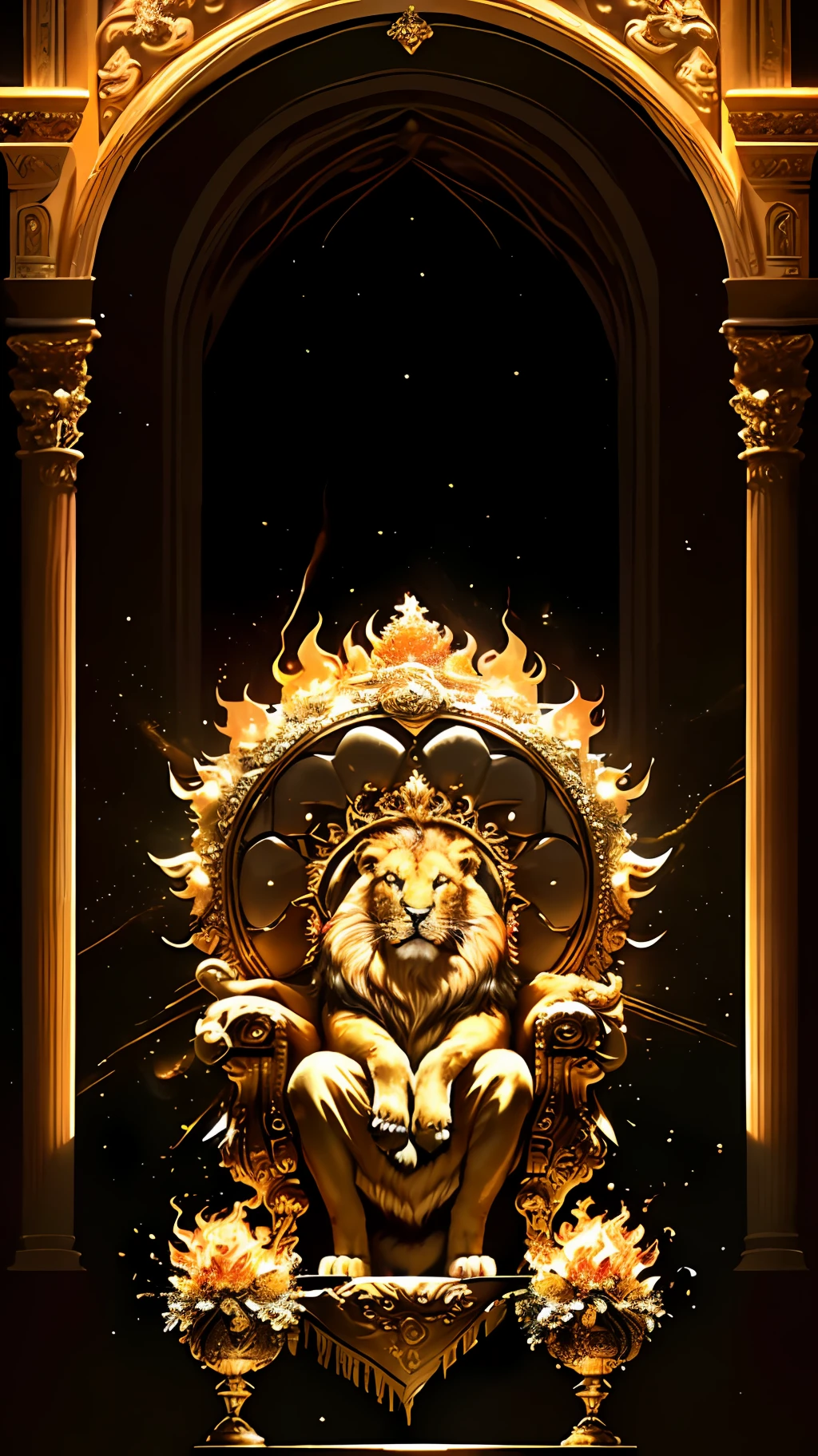 An royale King Lion full boby, background galaxy, magic 3D, full resolution style RTX with flaming eyes sitting on a throne, captured through Photography with a 35mm lens. Inspired by the artistry of National Geographic photographers, the scene portrays the majestic lion, regal and powerful. The color temperature is warm, with golden hues highlighting the lion's magnificence. The lion's eyes burn with intense flames, emanating a sense of authority and dominance. The lighting casts dramatic shadows, creating a captivating atmosphere, symmetrical, full boby, big angle, rtx, bobybuilder